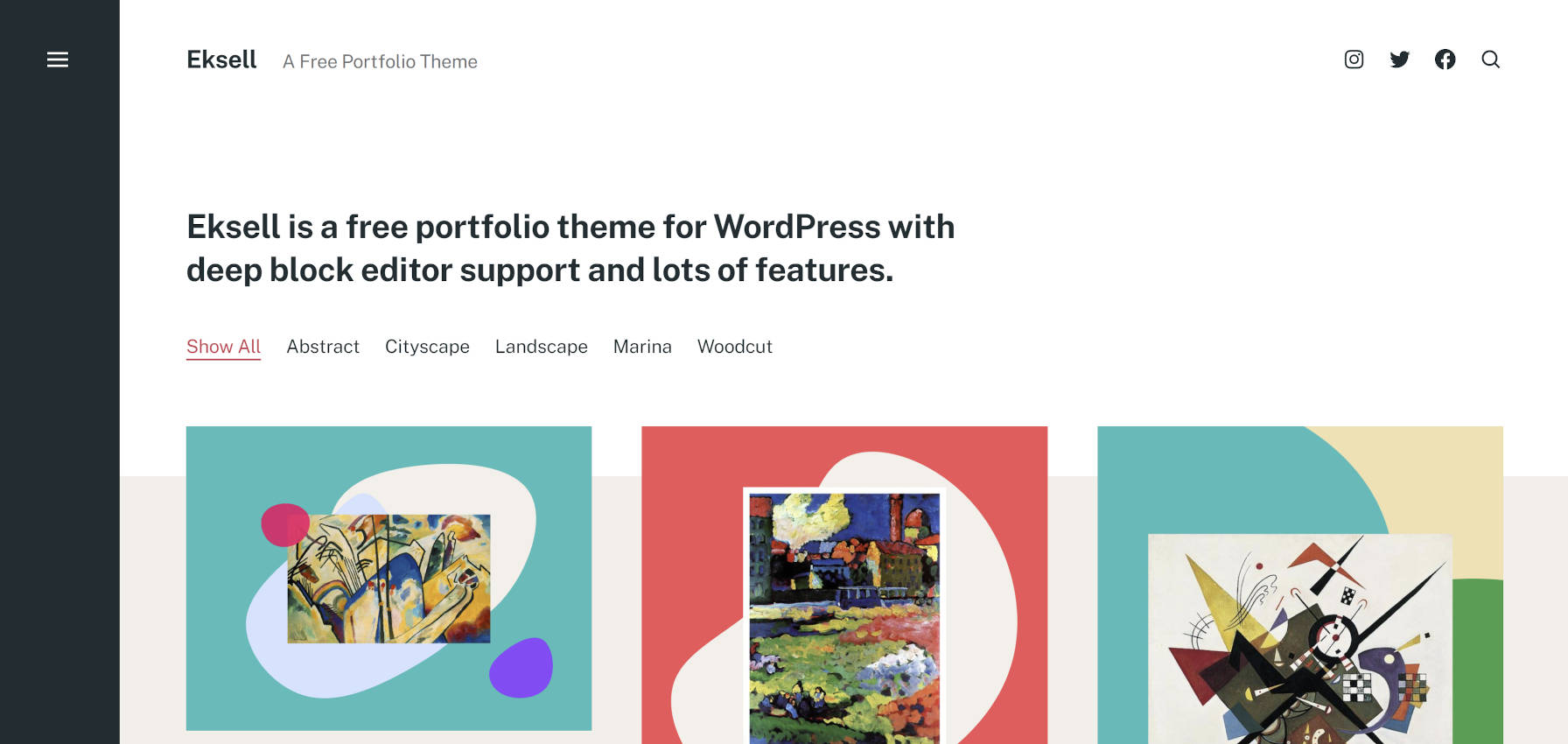 Eksell WordPress theme home/portfolio page.