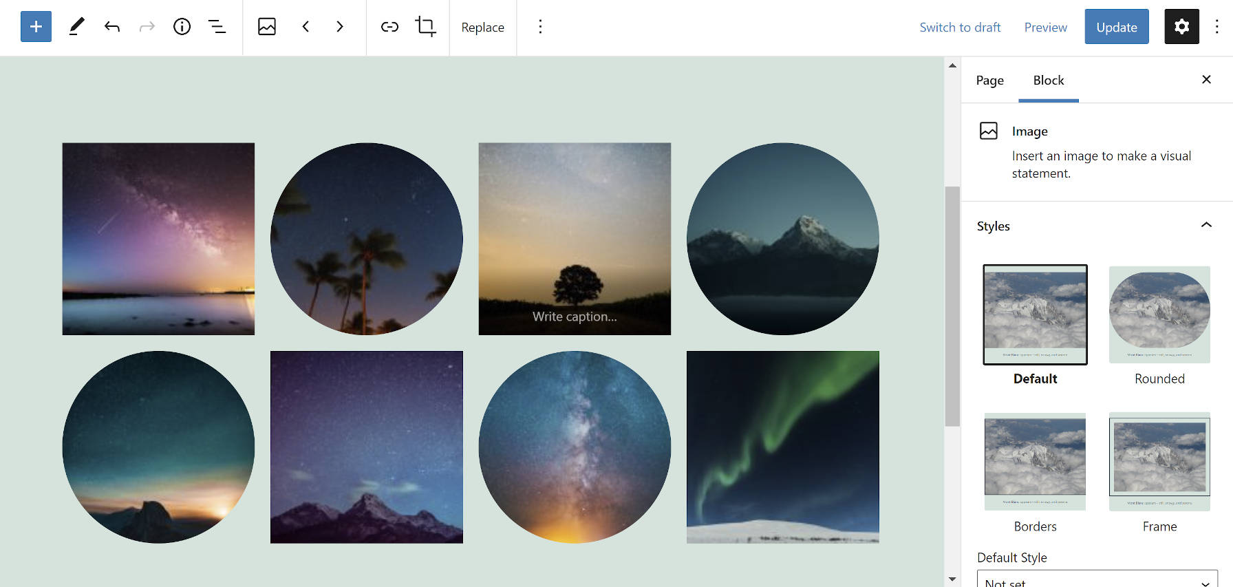 Gallery block in the WordPress editor with alternating round and square image shapes.