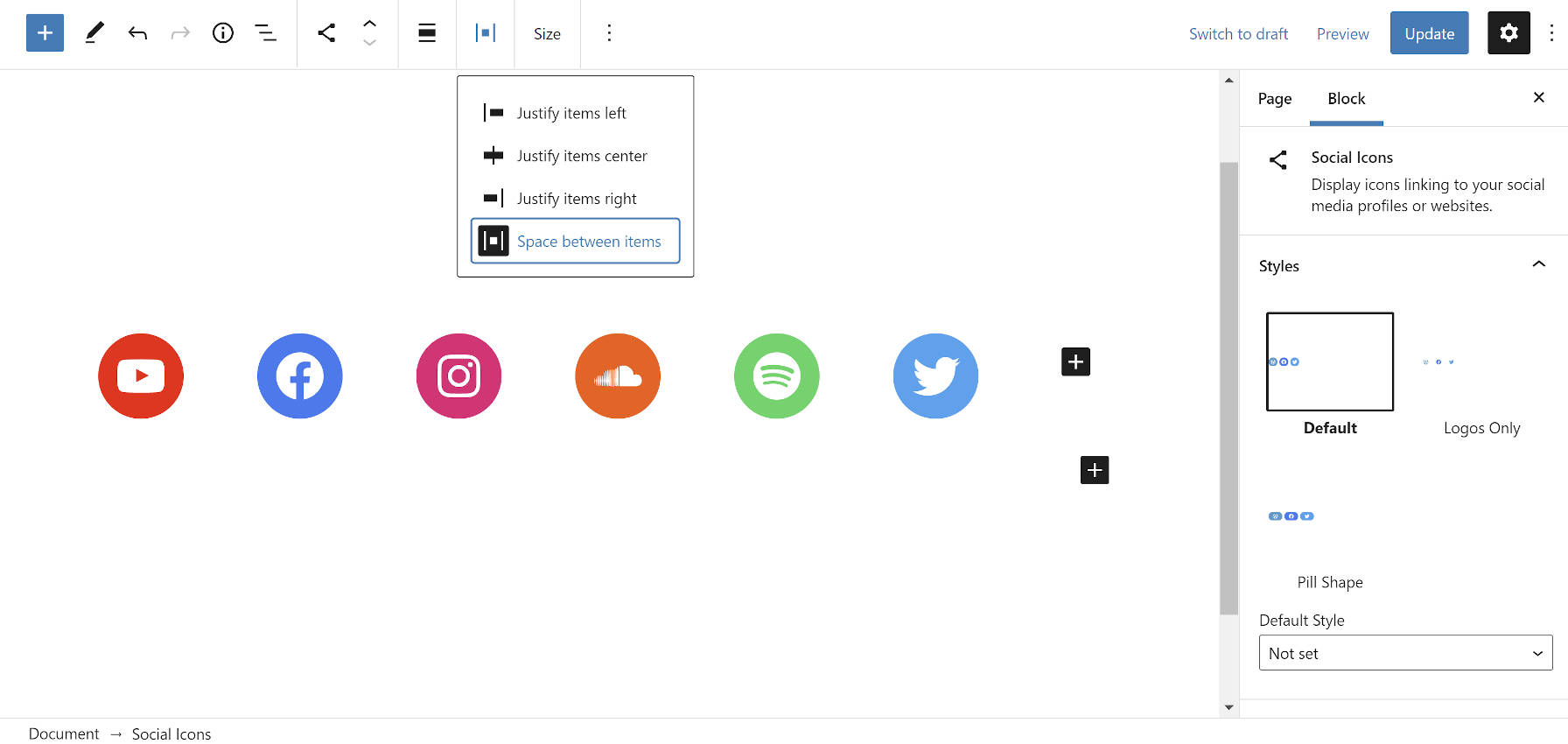 Adjusting the spacing between the Social Icons items in the block editor.