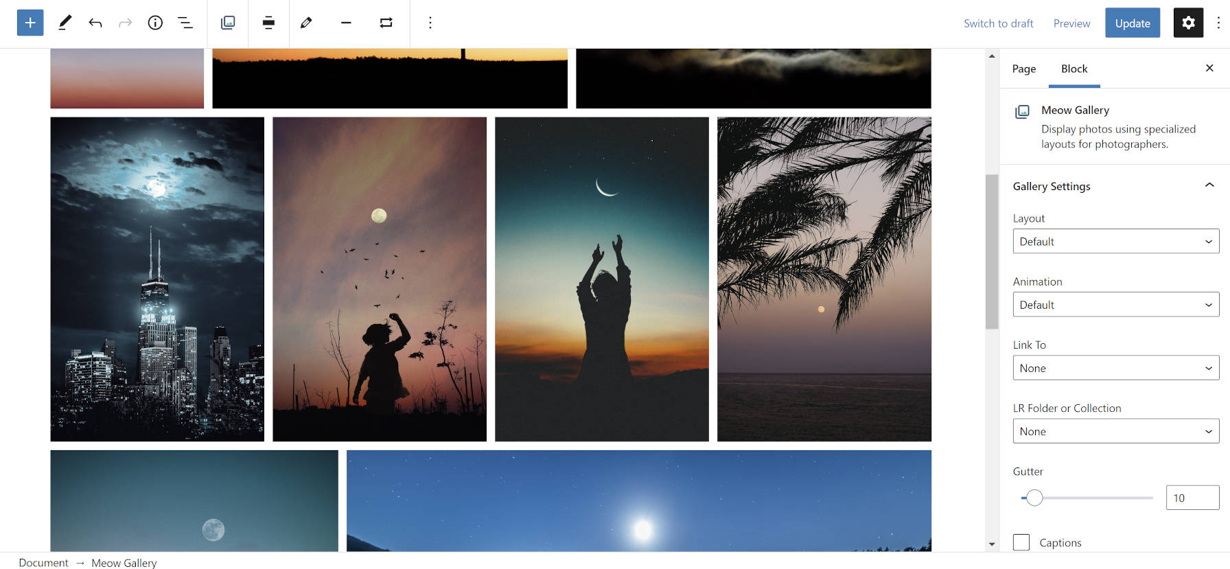 Tiled image gallery using the Meow Gallery plugin.