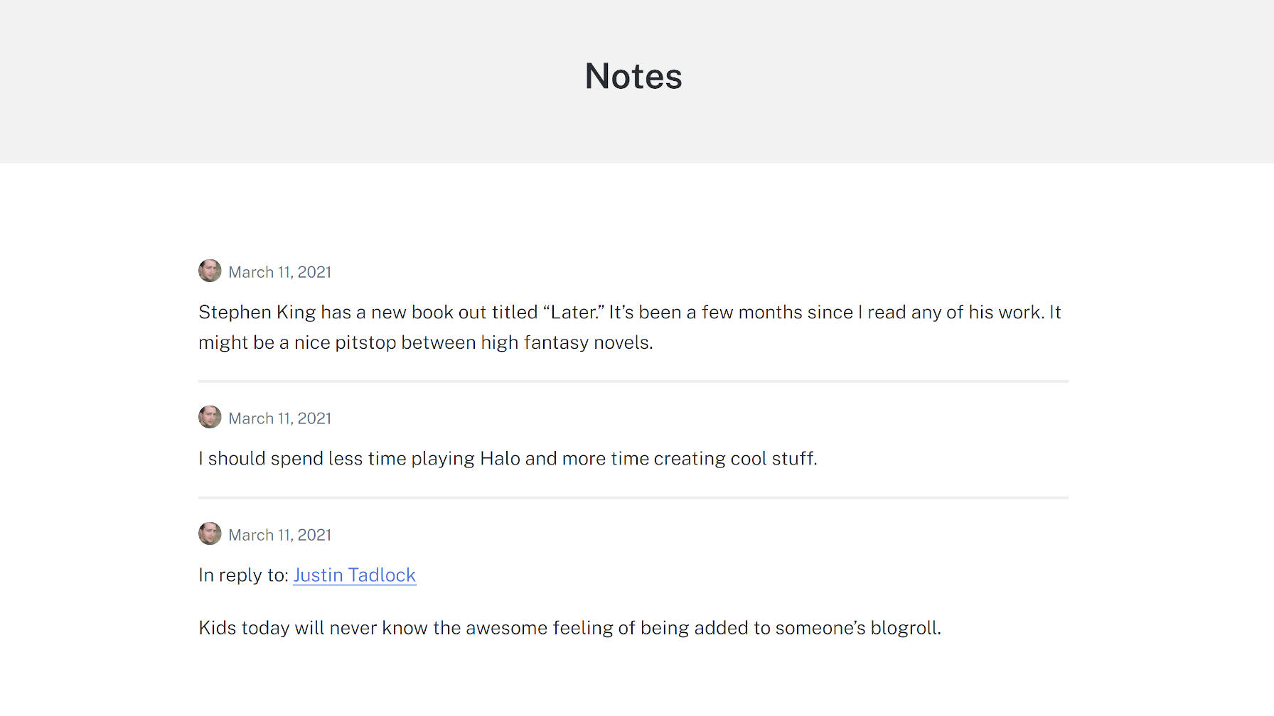Archives view of notes from the Shortnotes plugin.