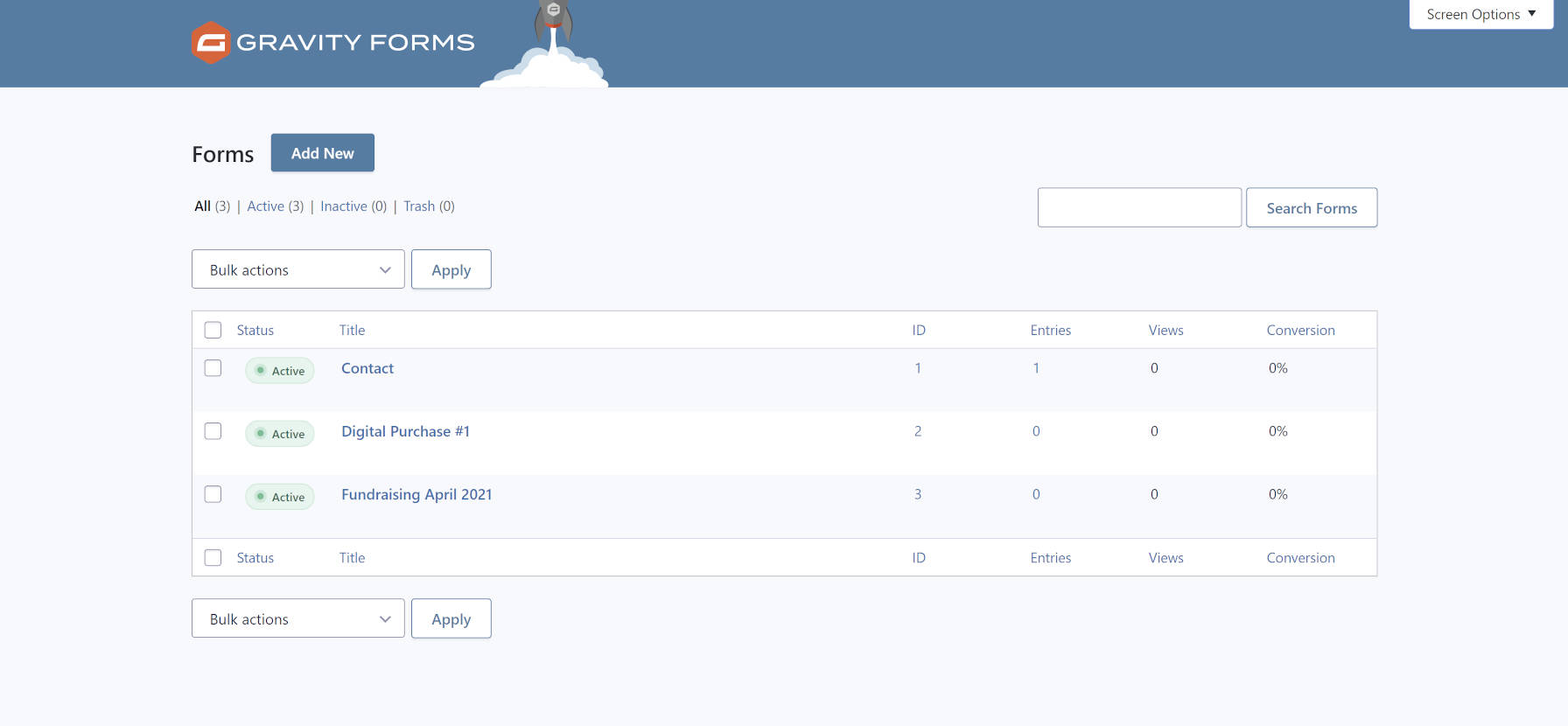 Branded forms management screen from the Gravity Forms WordPress plugin.
