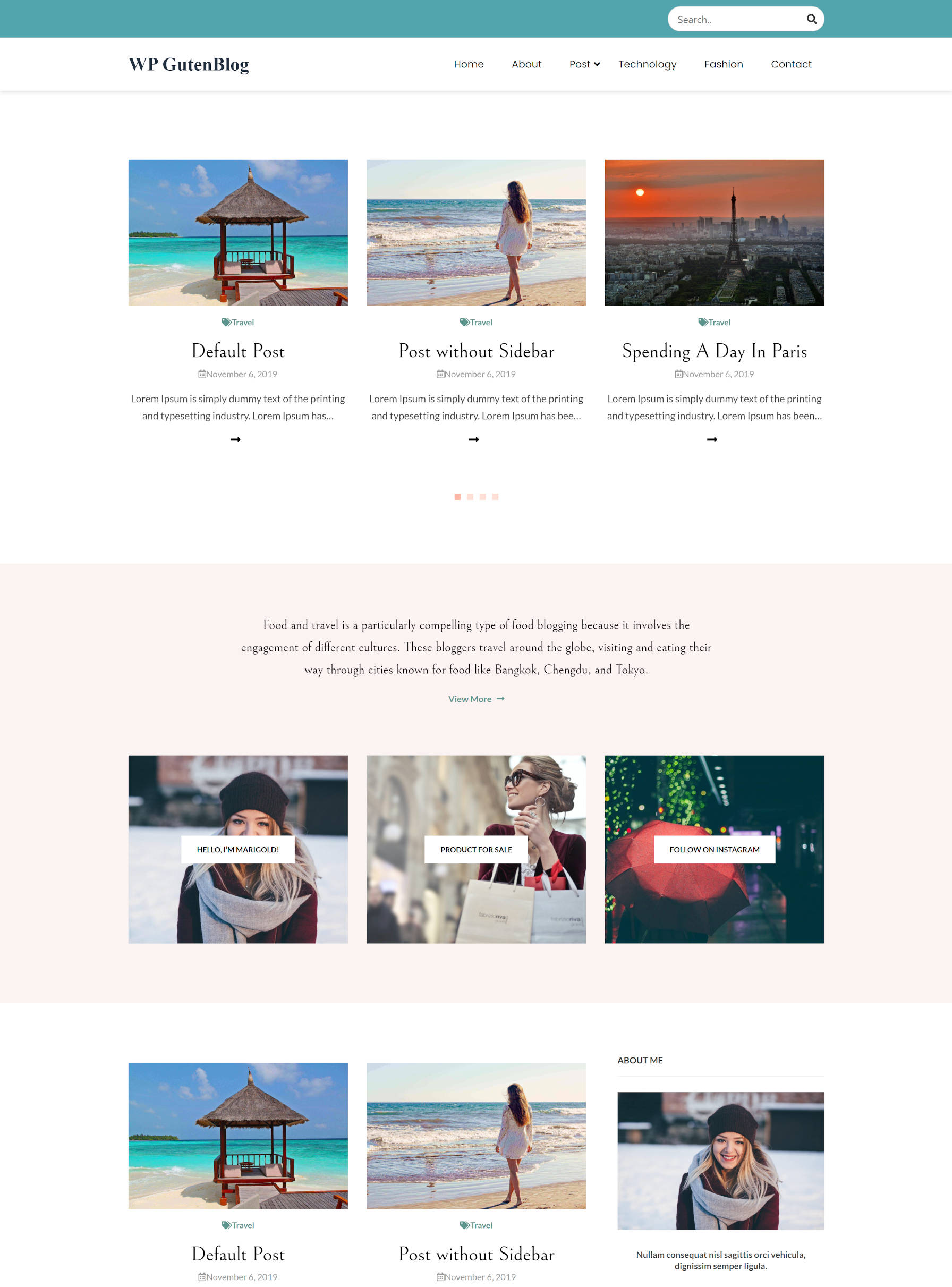 WordPress theme homepage design with carousel of posts, followed by section of boxes, followed by more posts.