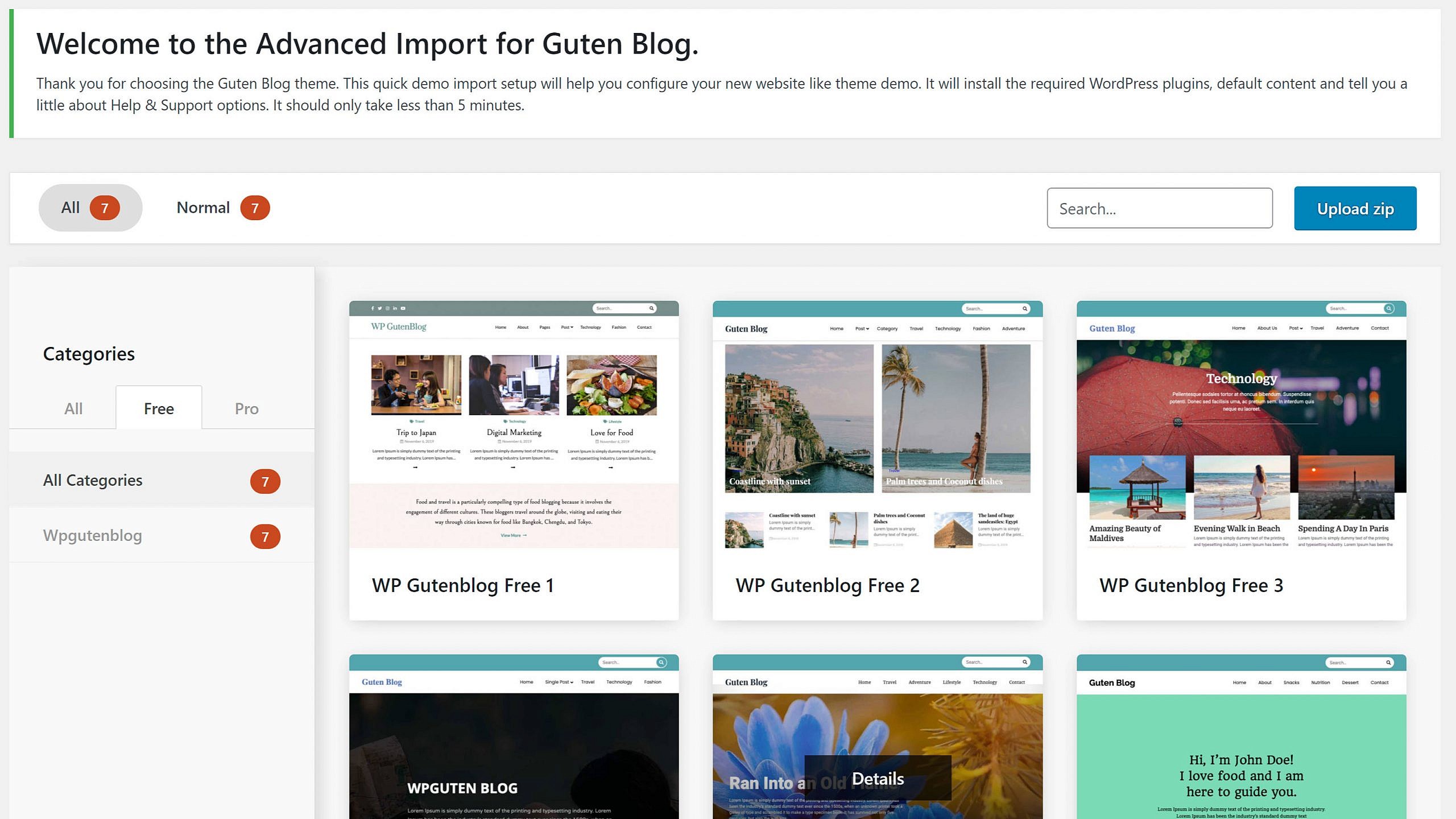Demo import screen for the Guten Blog WordPress theme.