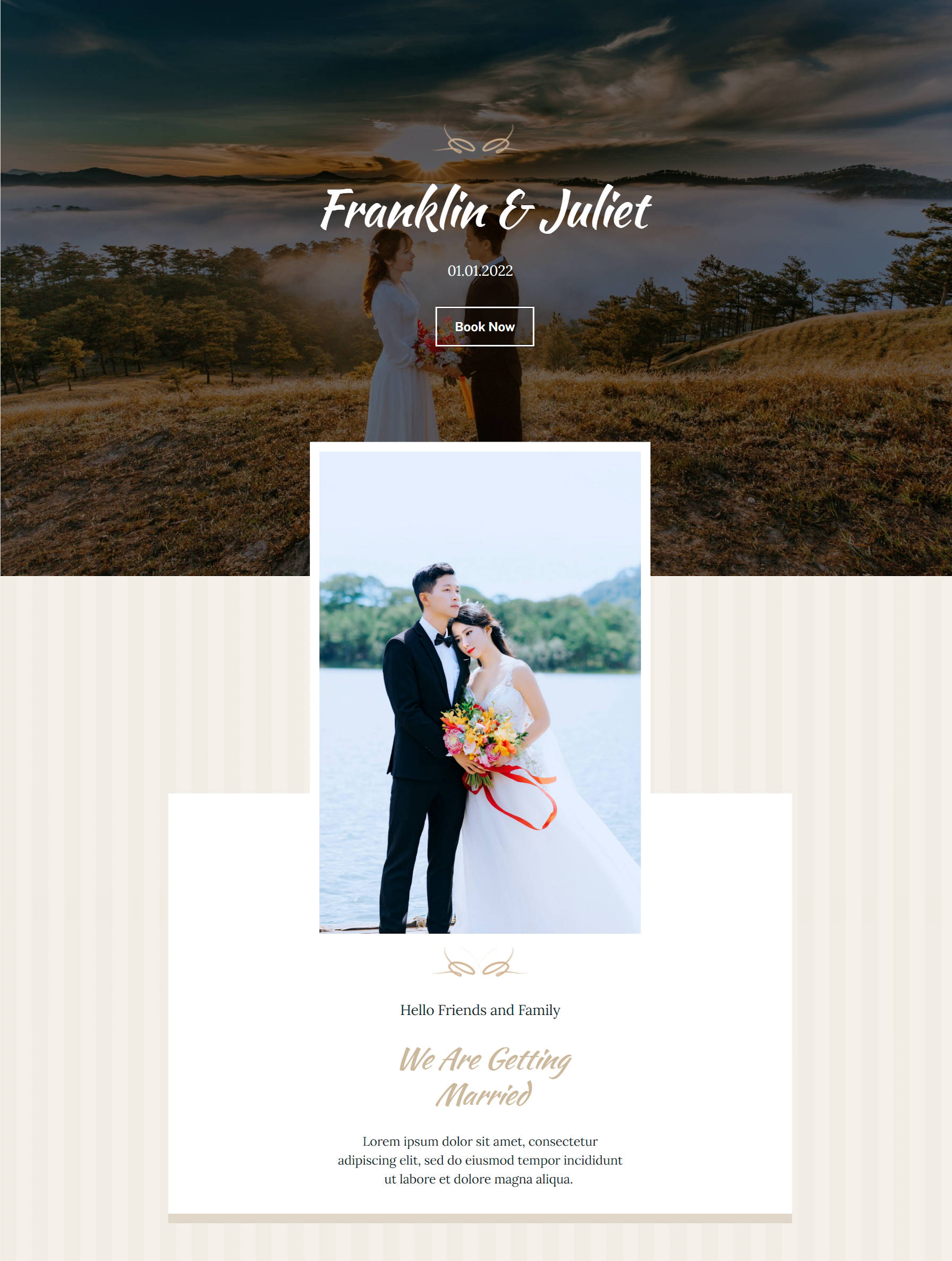 Content area of a wedding homepage design with a hero header, overlapping image, and text.