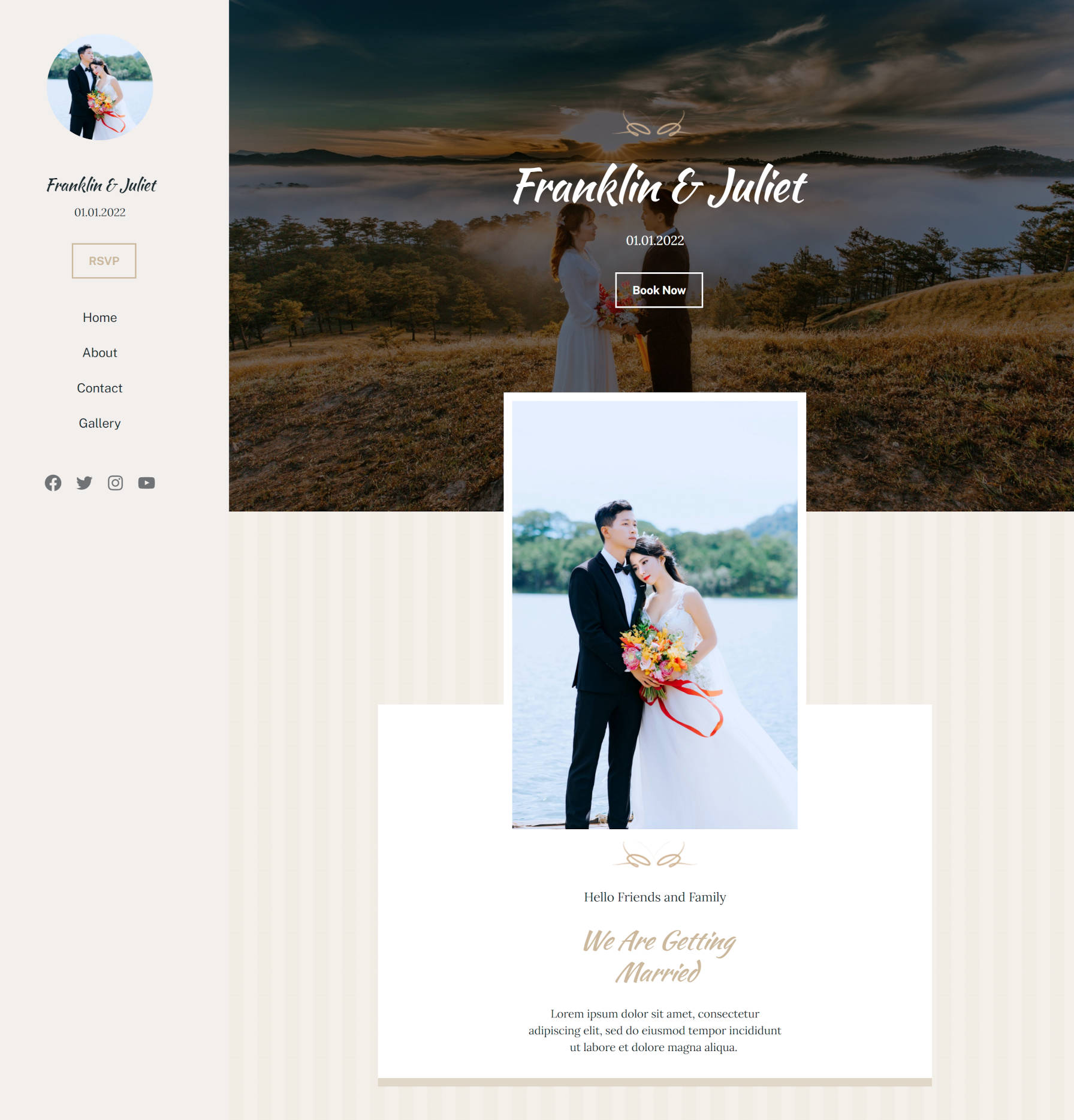 Full wedding page design with sidebar and wedding photos/content on the right.