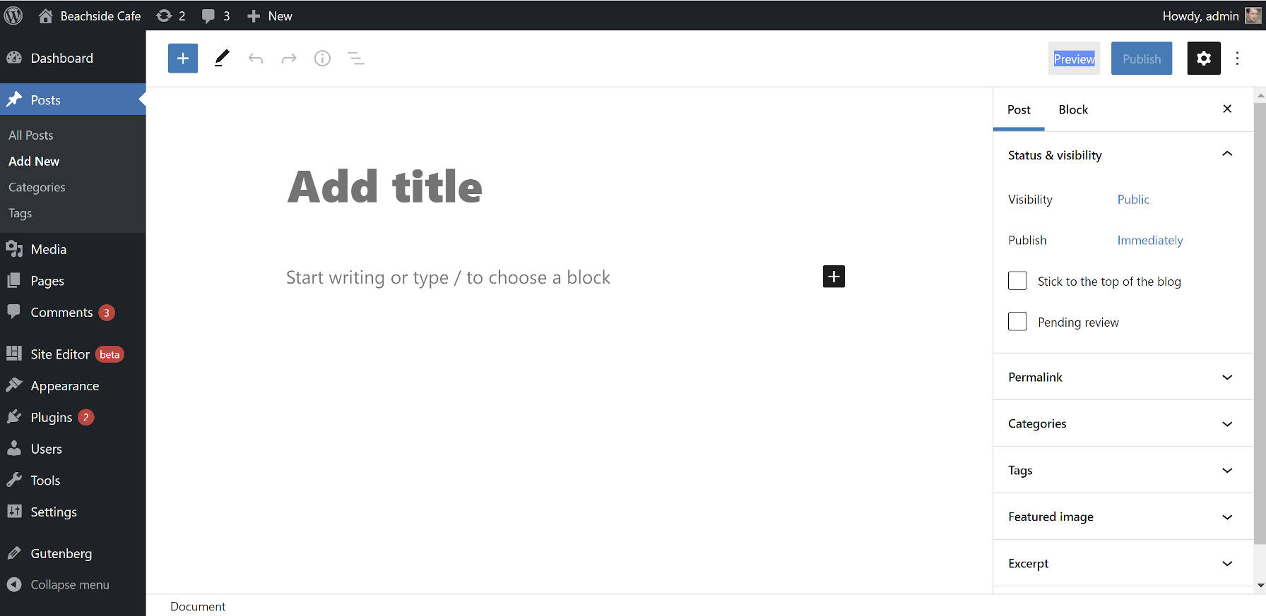 WordPress block editor for new post without fullscreen mode enabled.