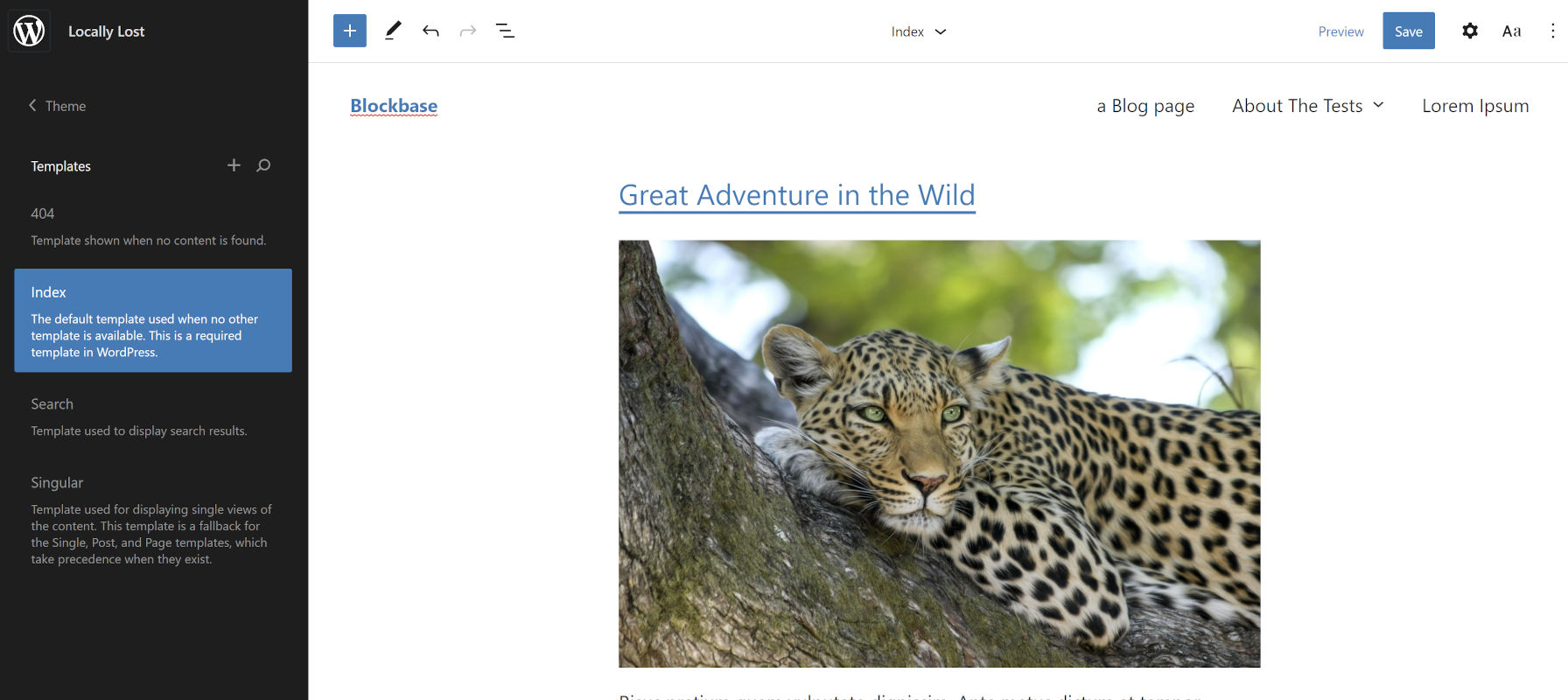 Viewing the Blockbase starter WordPress theme in the upcoming site editor.