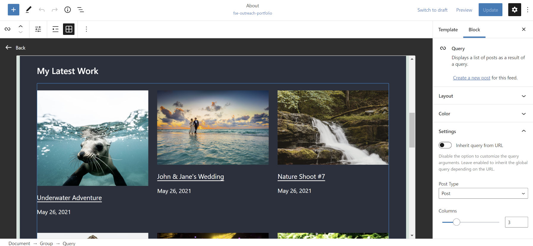 A three-column grid of portfolio project images, titles, and dates.