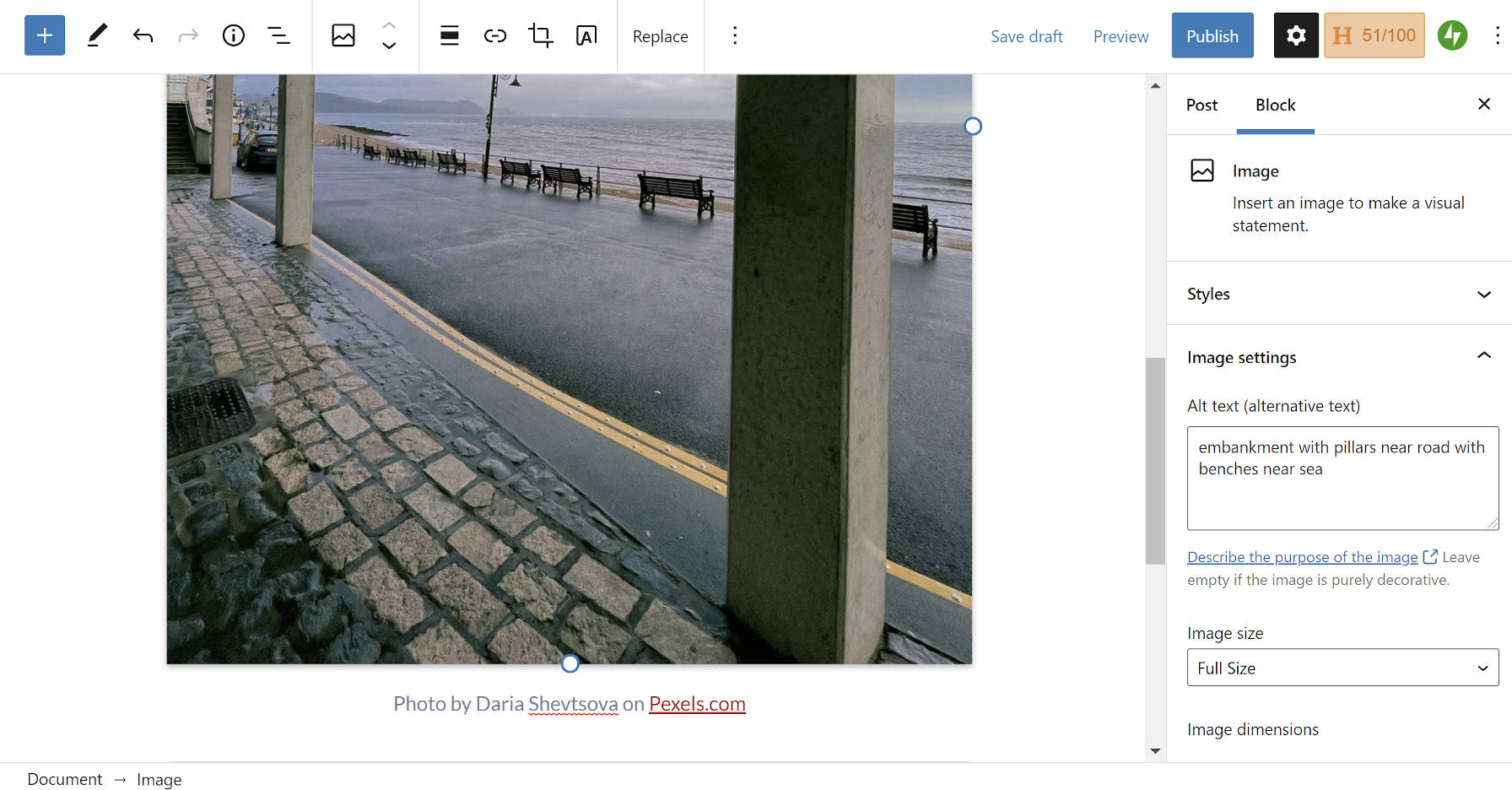 Screenshot of inserting an image via Jetpack's Pexels integration with pre-filled photo credits and alt text.