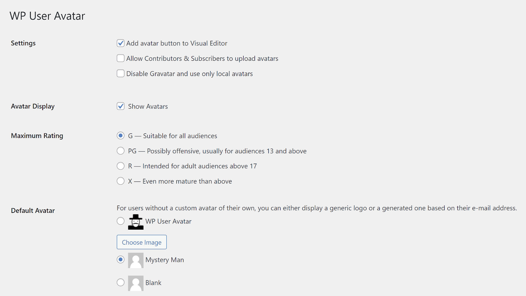 The original settings screen for the WP User Avatar plugin.