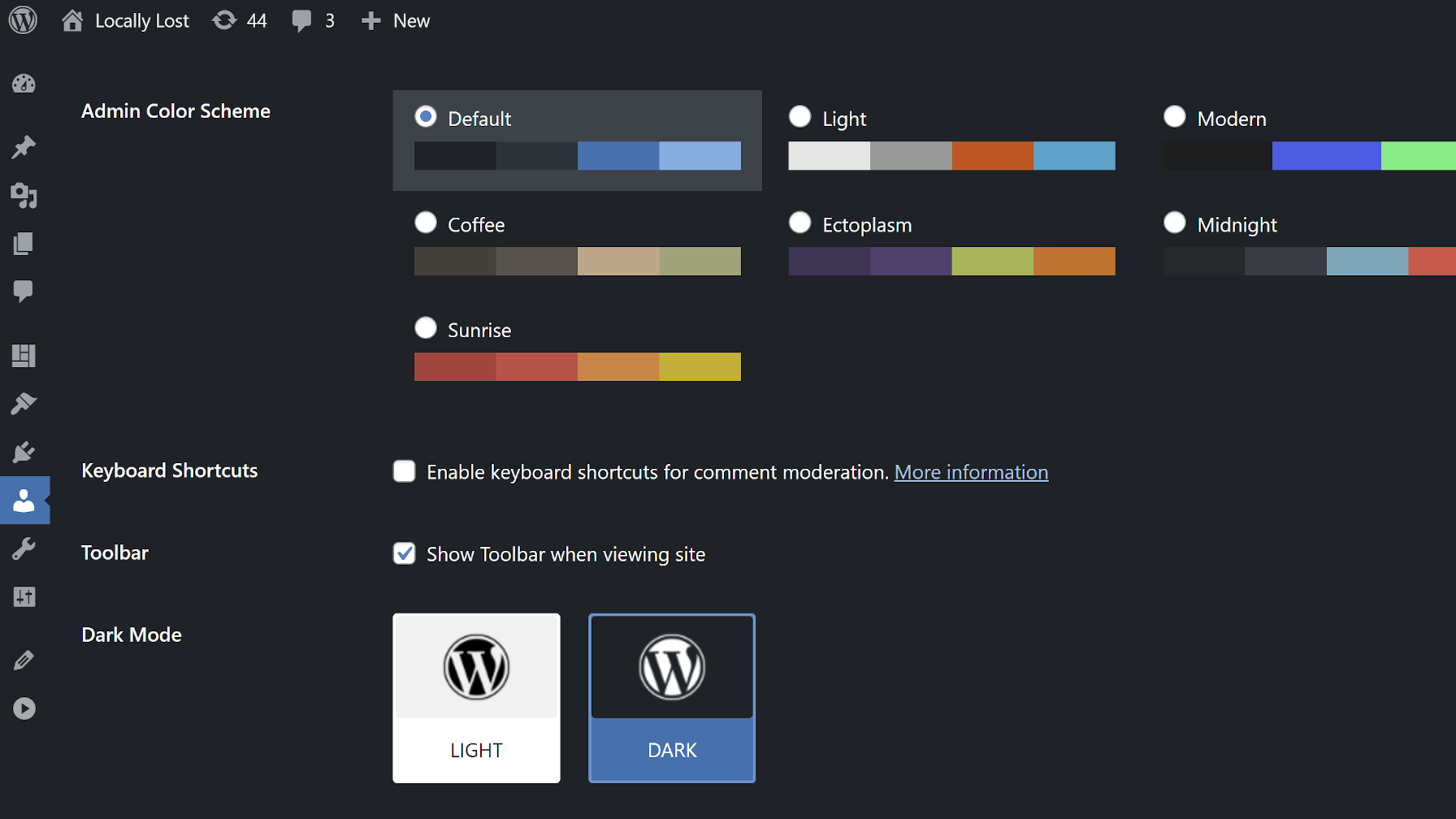WordPress user profile screen showing The Dark Mode plugin options.