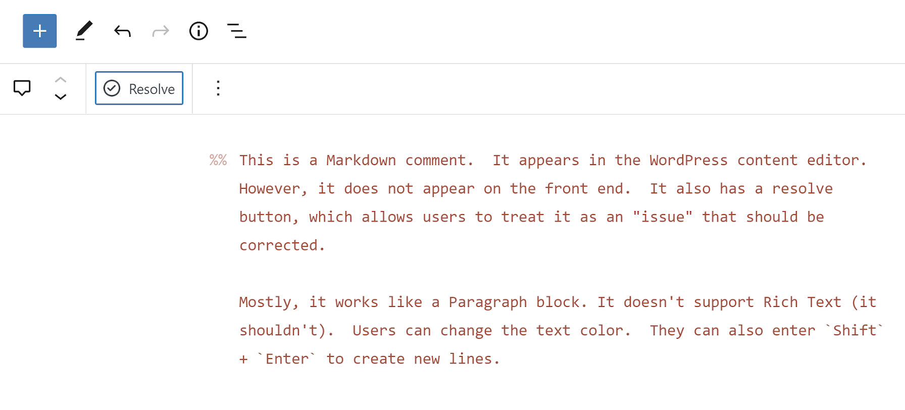 Clicking the Resolve button for the Markdown Comment block to delete a comment.