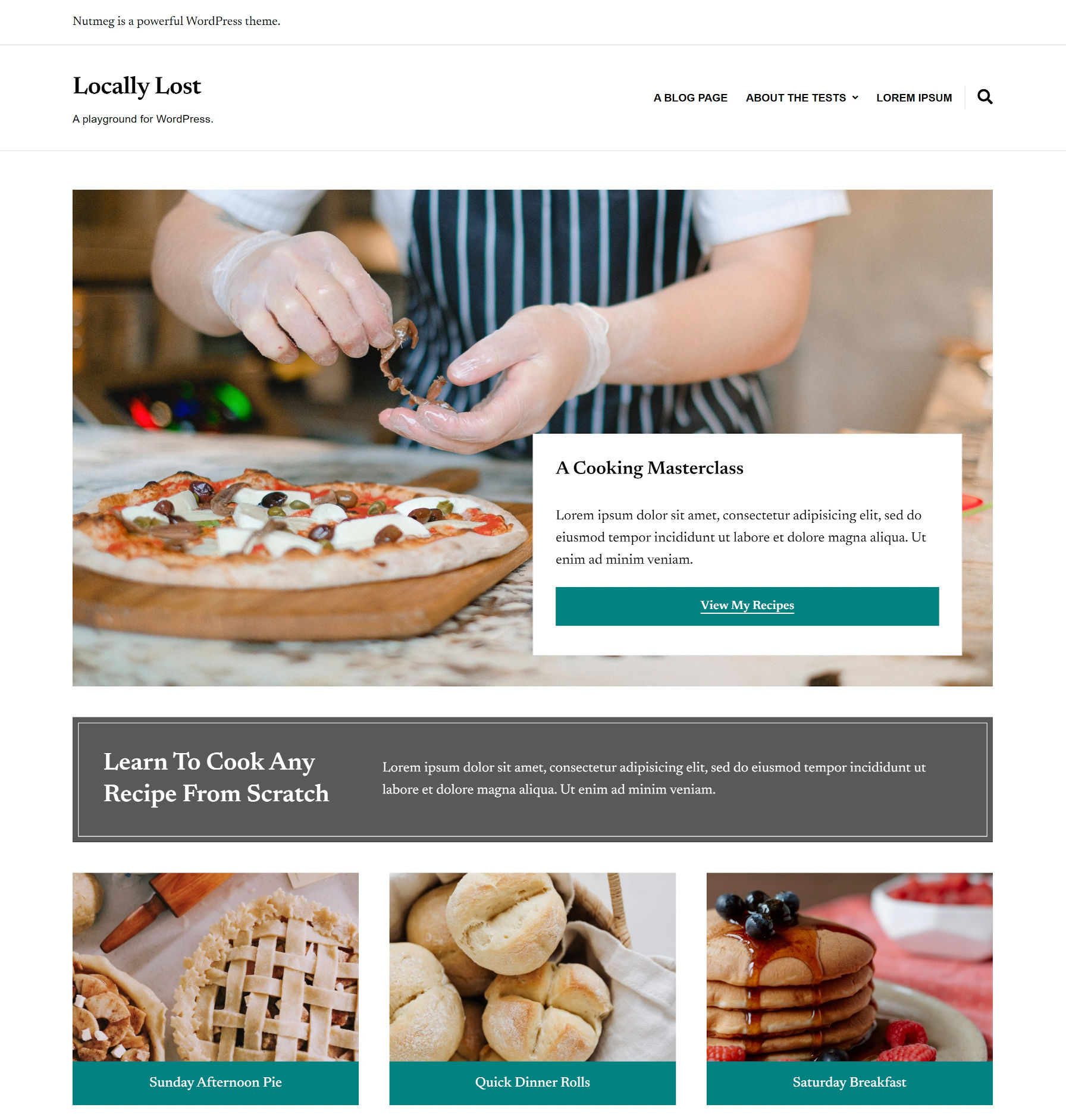 Screenshot of a recipe blog homepage built with Nutmeg's block patterns.