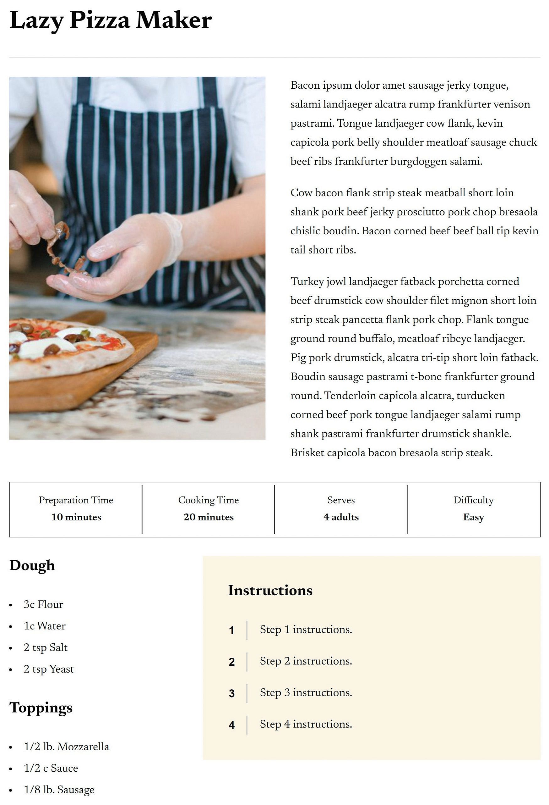 Recipe blog post screenshot with info, ingredients, and instructions.