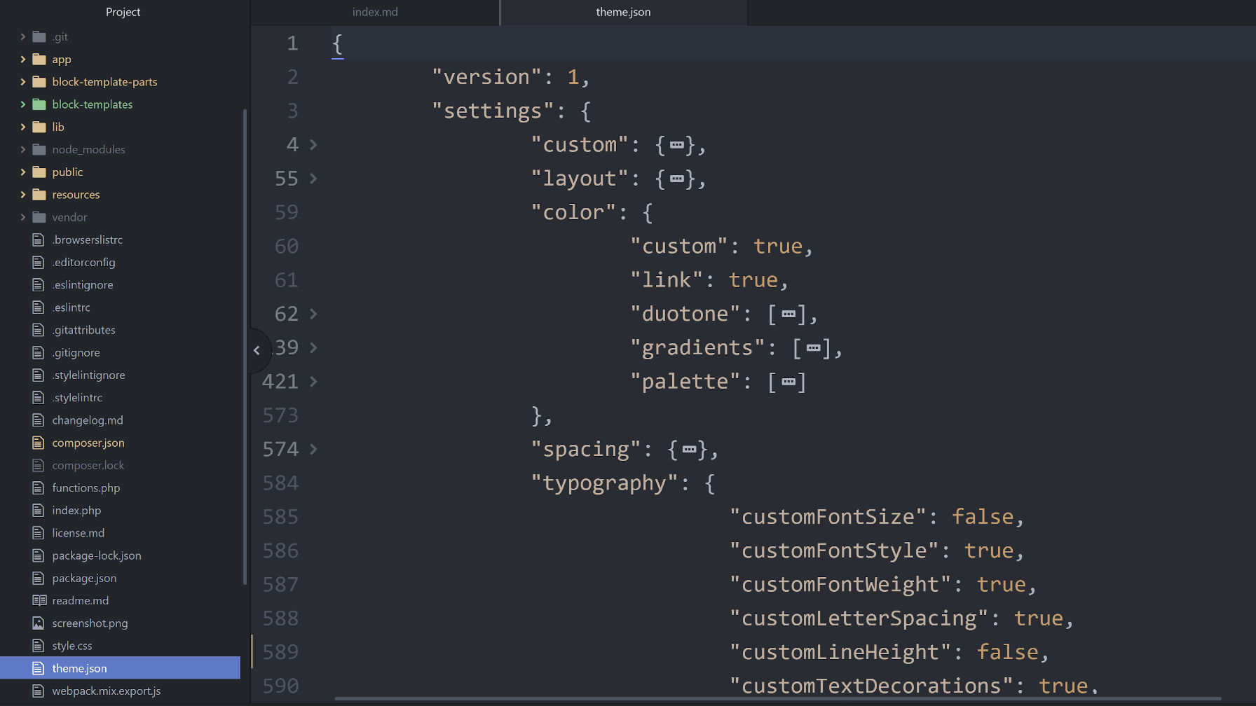 Screenshot of a theme.json file in a code editor.