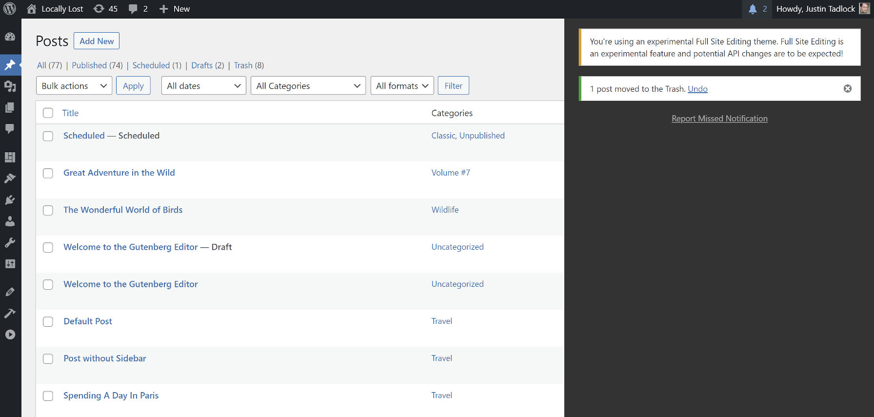 Toolbelt's Tidy Notifications module expanded to show WordPress admin notices that it hides away.