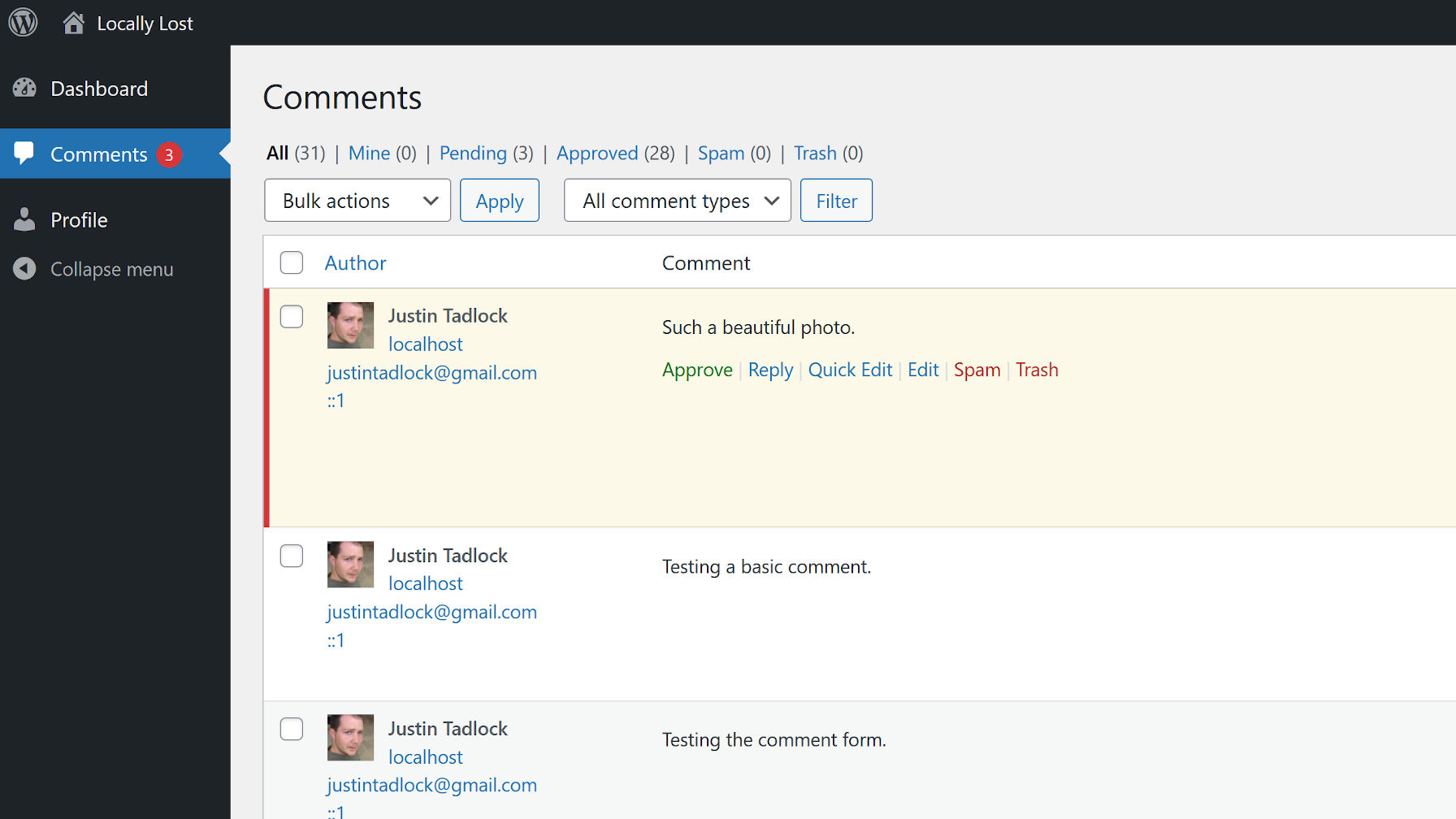 Comments management screen when viewed as a user with the WPB Comment Moderator role.