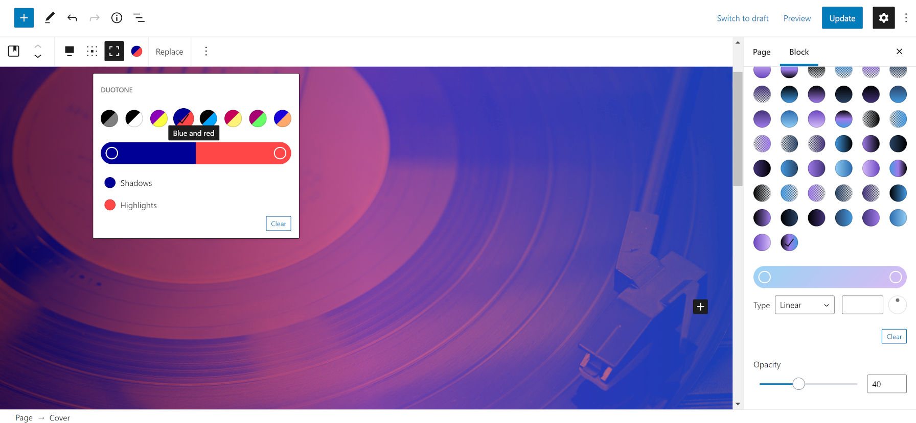 Applying a blue and red duotone filter along with a black, purple, and blue transparent overlay on top of an image of a record and player.