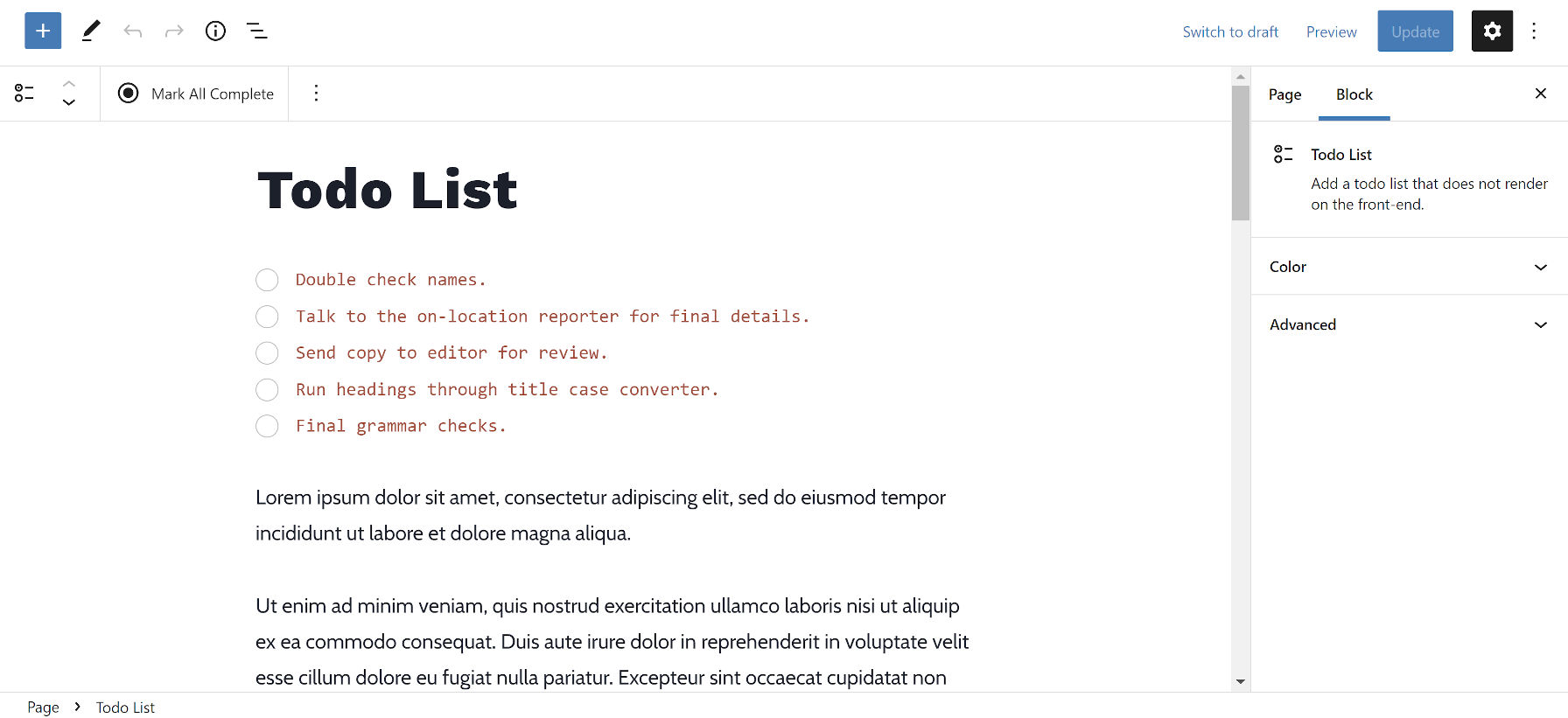 Adding the Todo List block and several items to an example WordPress post.