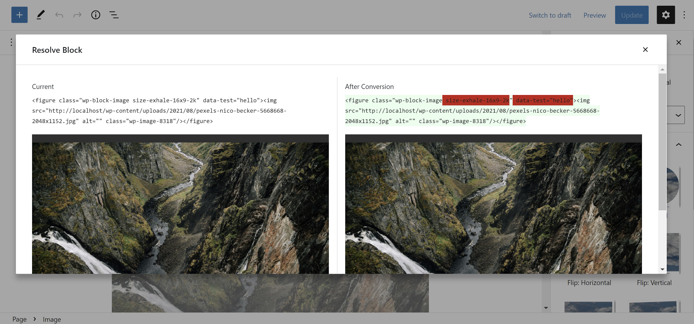 Side-by-side view of the block resolution popup modal in the WordPress editor.