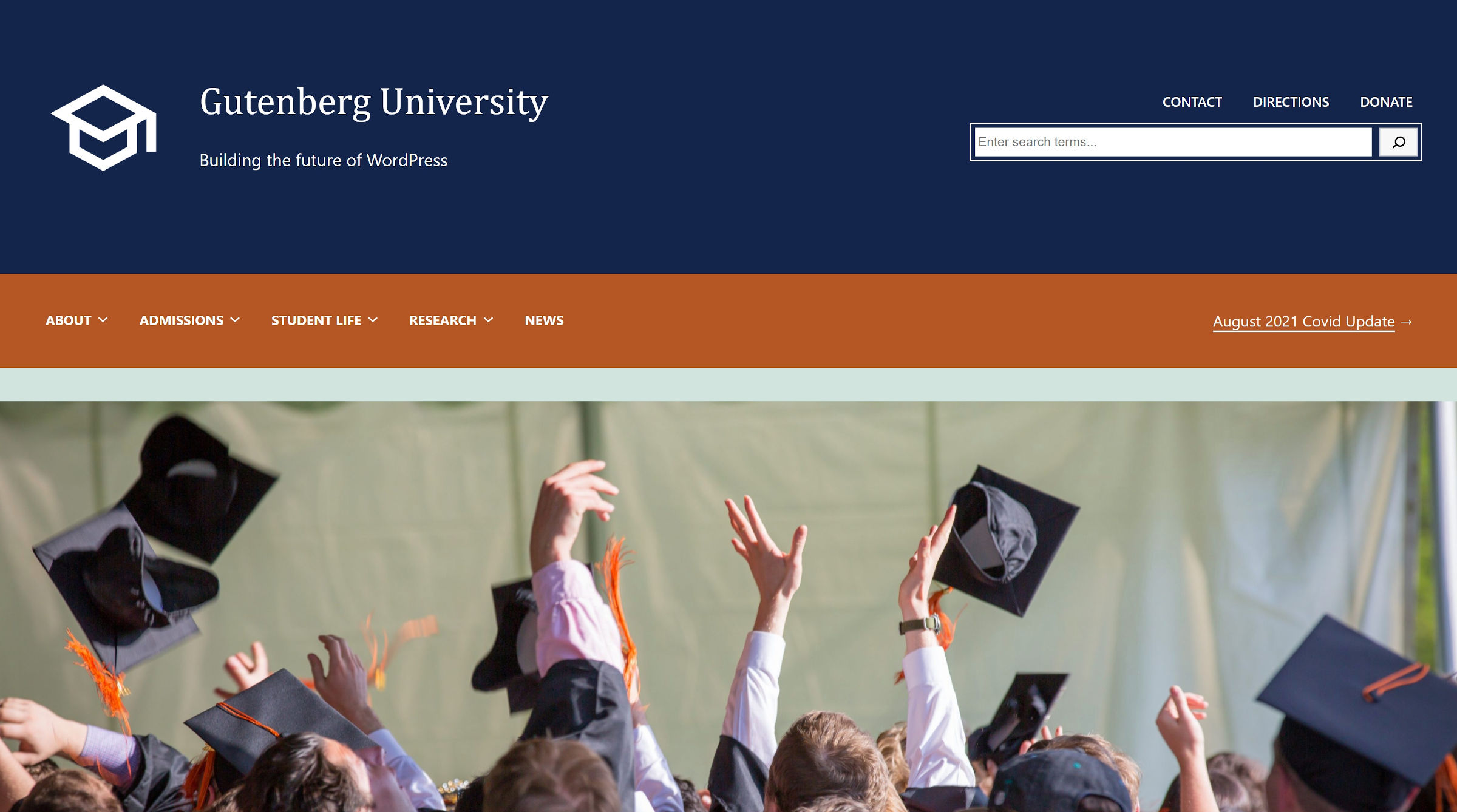 Fictional university website header with logo, title, navigation, search, and image.