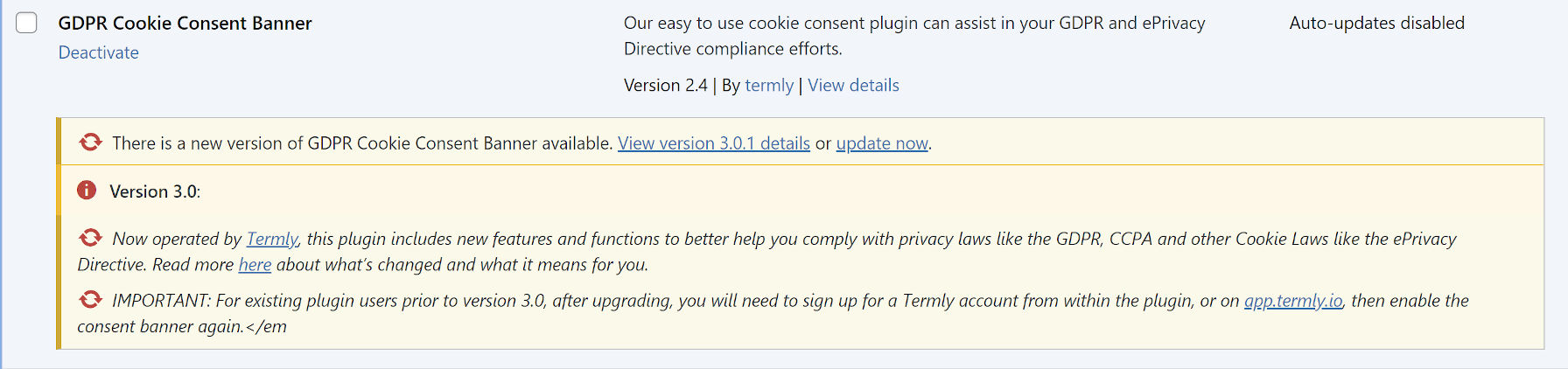 Admin notice from the GDPR Cookie Consent Plugin before upgrading to 3.0.