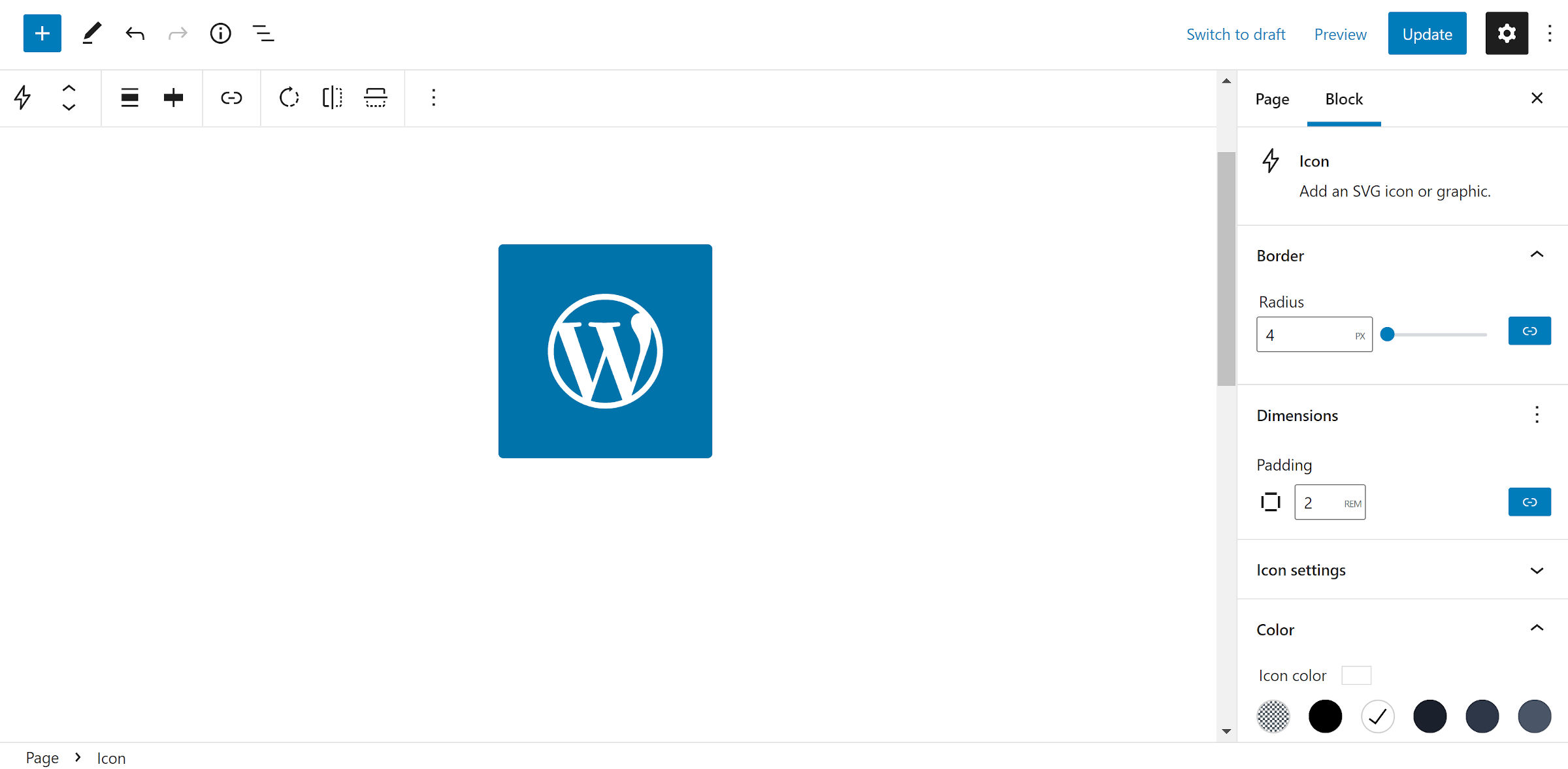 The WordPress logo as an icon with a blue background and white icon.