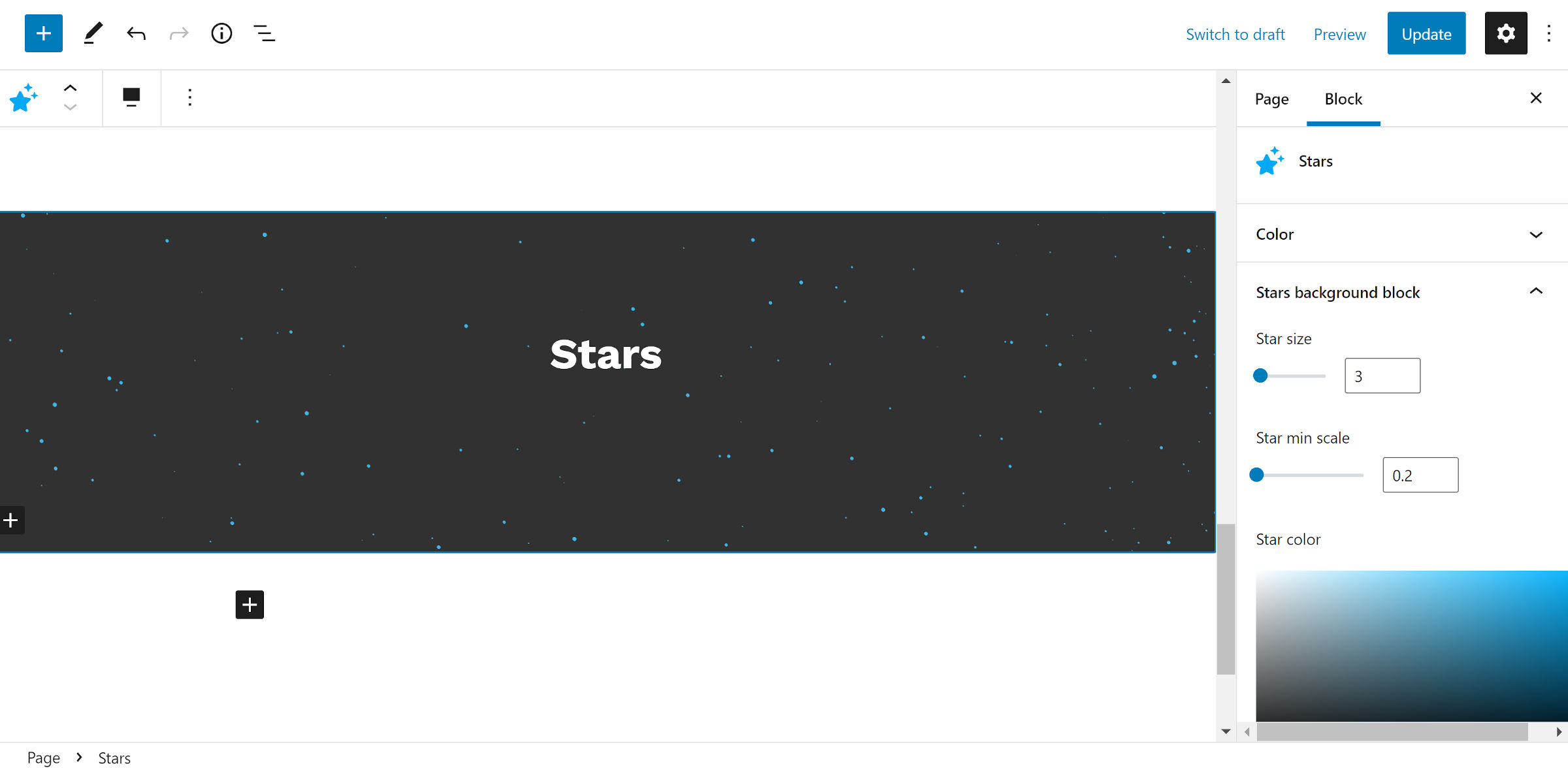 Container block with an animated stars background.