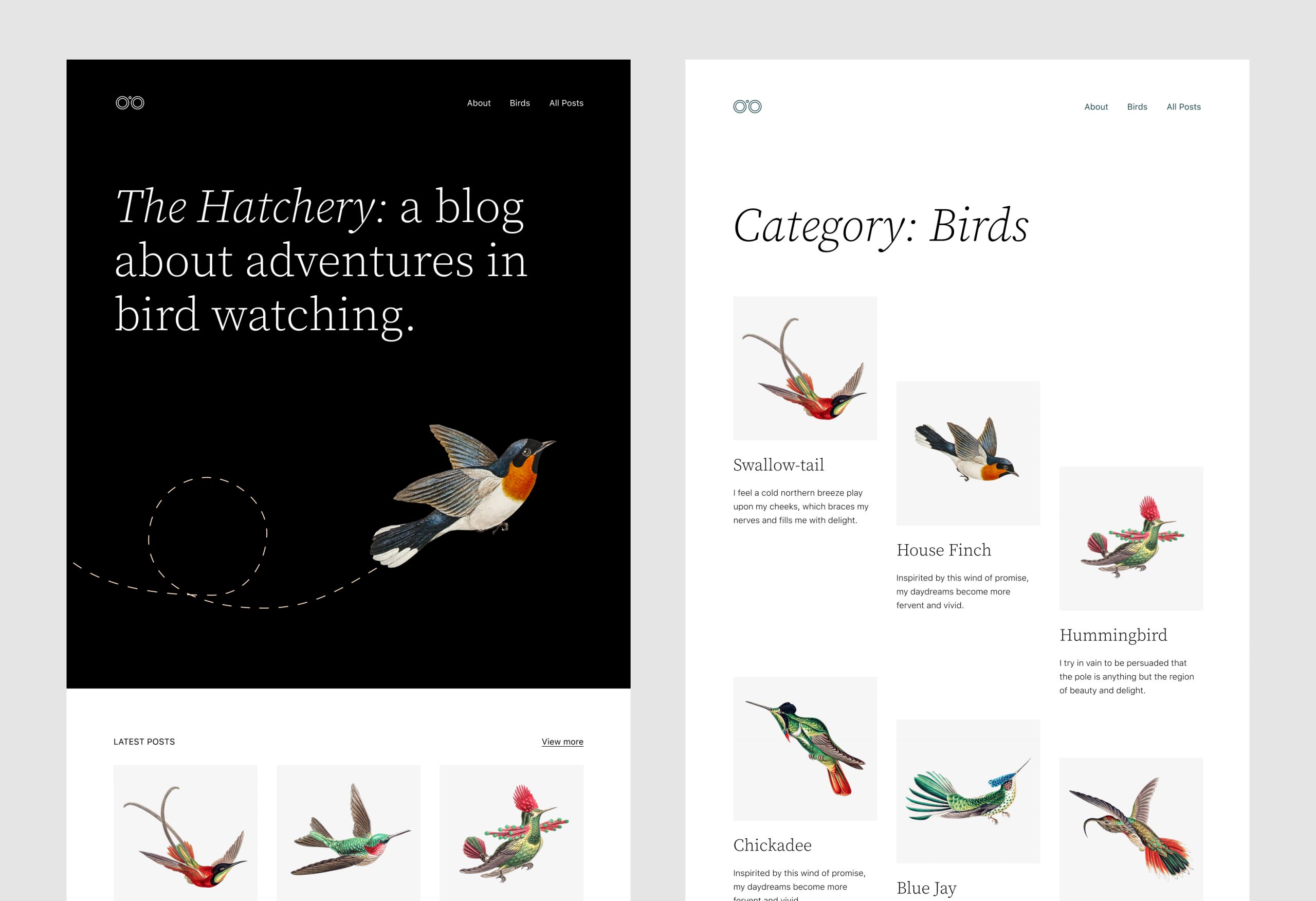 Homepage of Twenty Twenty-Two on the left with a large intro section and latest posts grid below. On the right, is a category archive with offset grid posts.