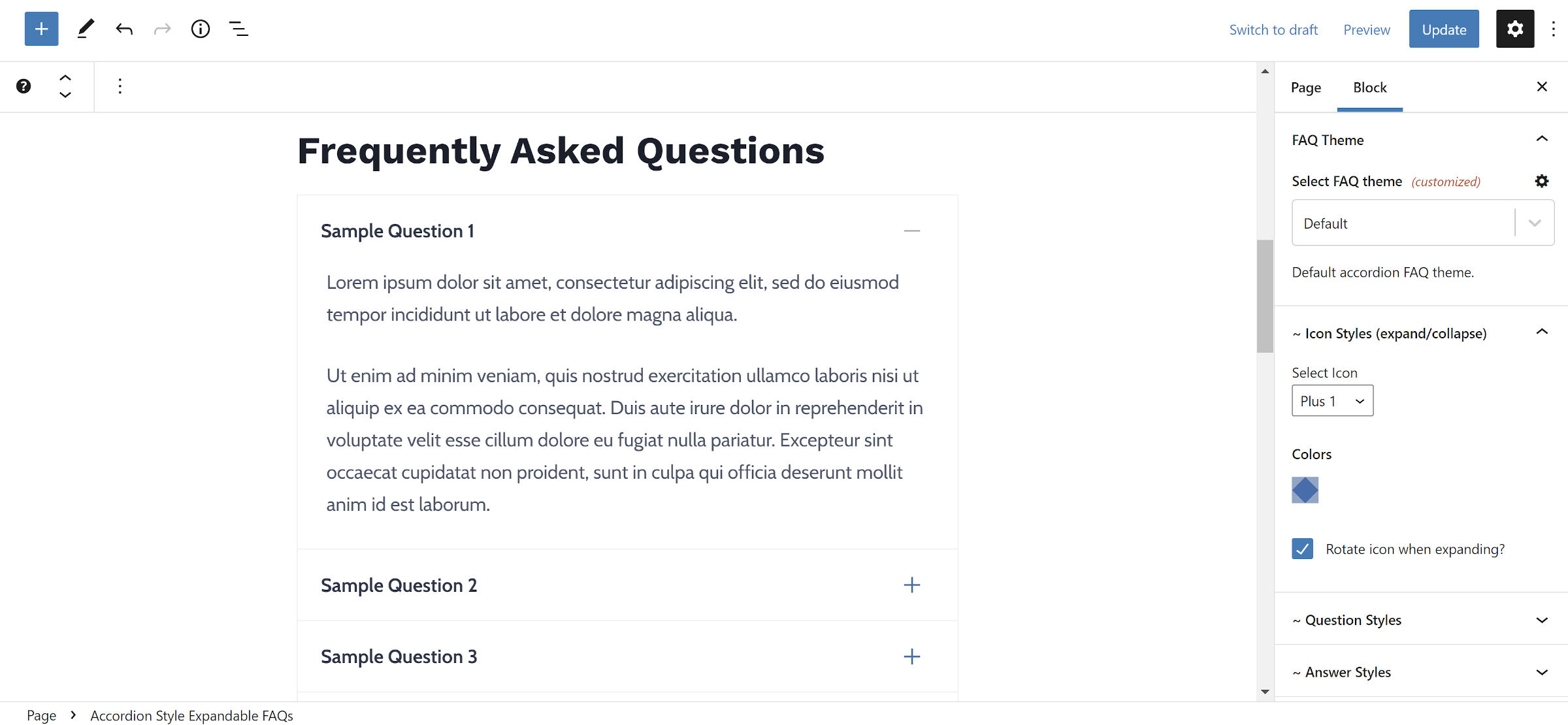 WordPress block editor with a FAQs block of several questions and answers. The sidebar shows custom options selected.