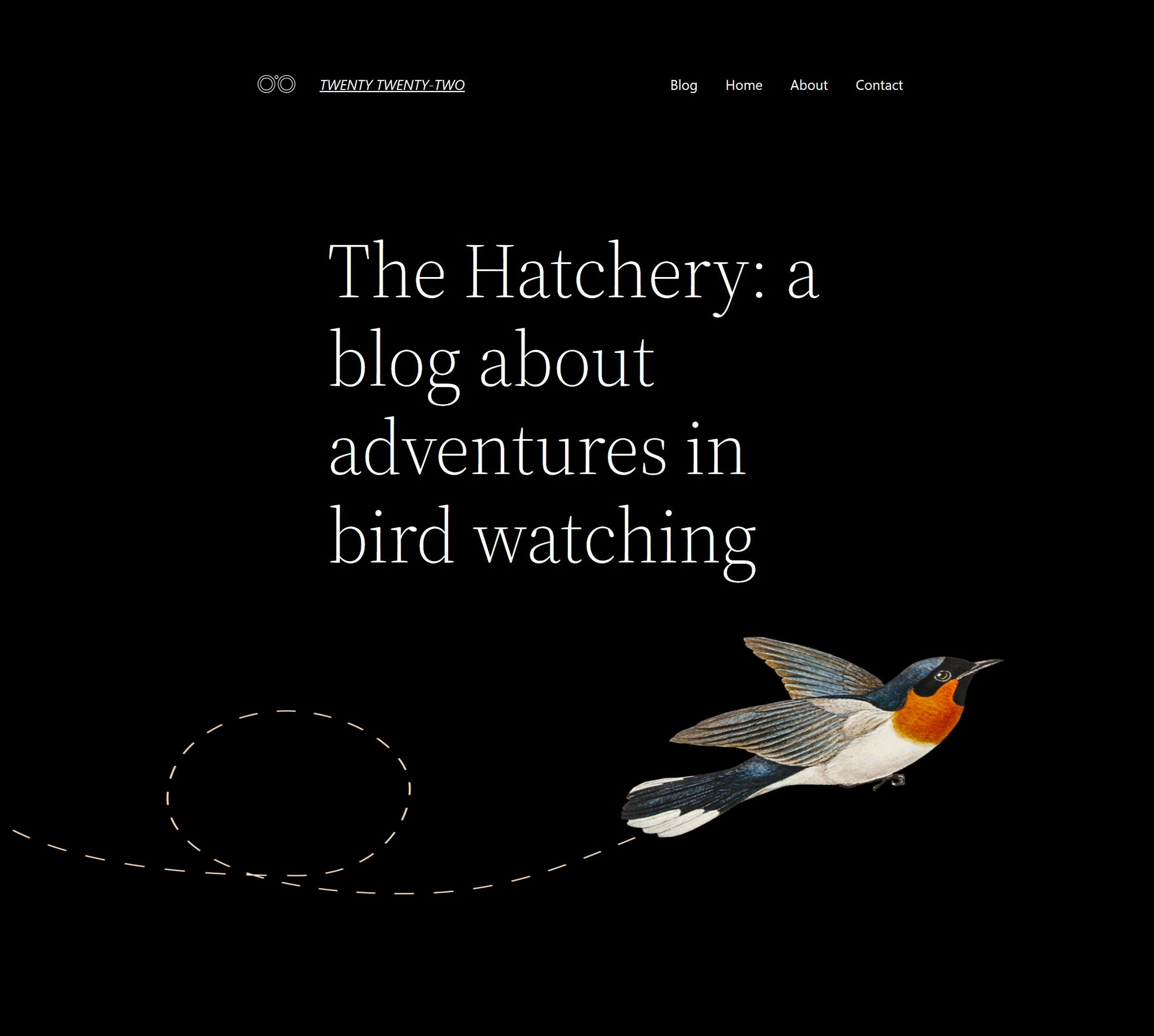 Homepage design of the Twenty Twenty-Two WordPress theme that features a black background with a large tagline and a flying bird image across the bottom.