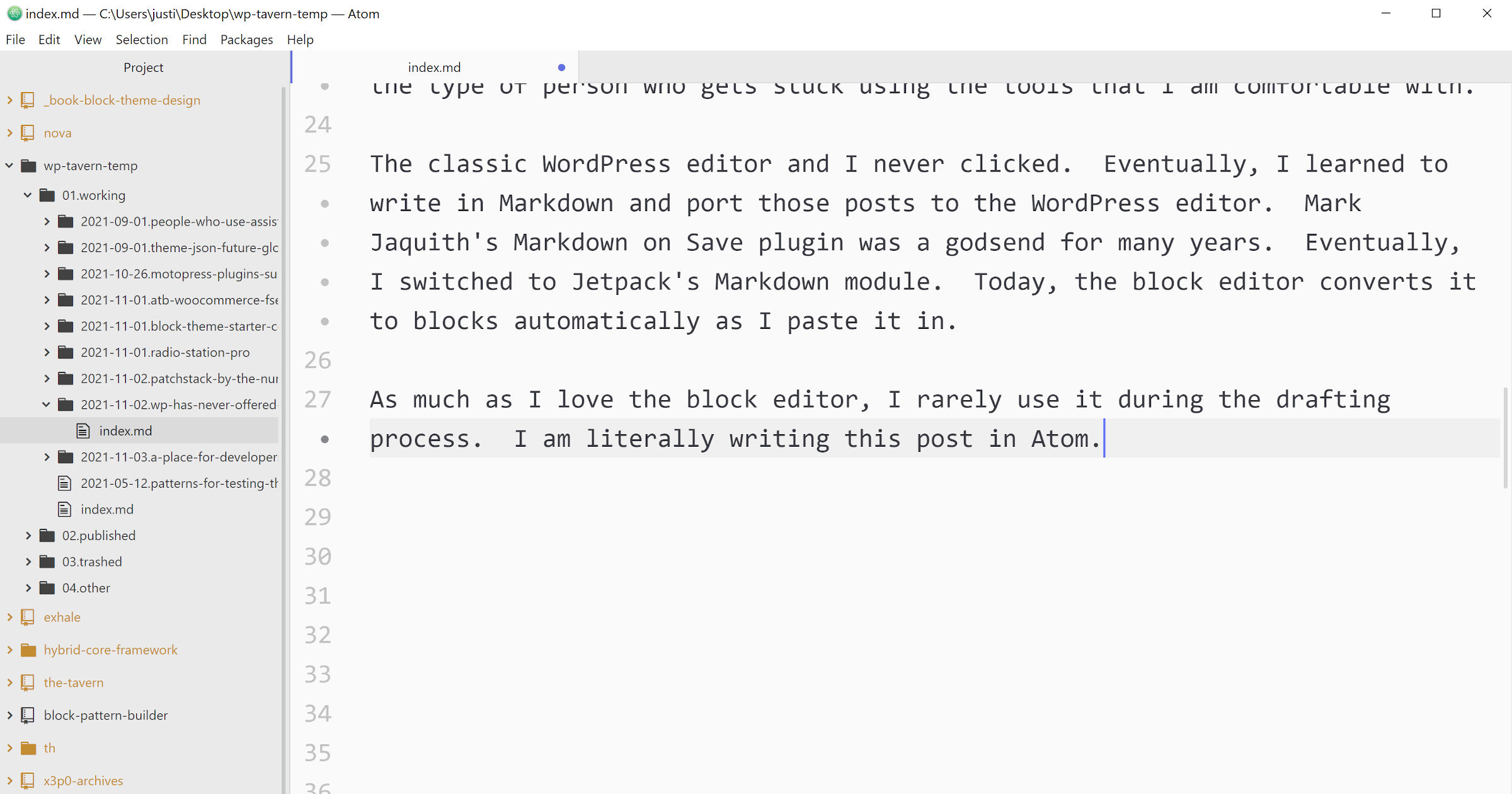 Screenshot of a blog post written in a monospace font in the Atom editor.