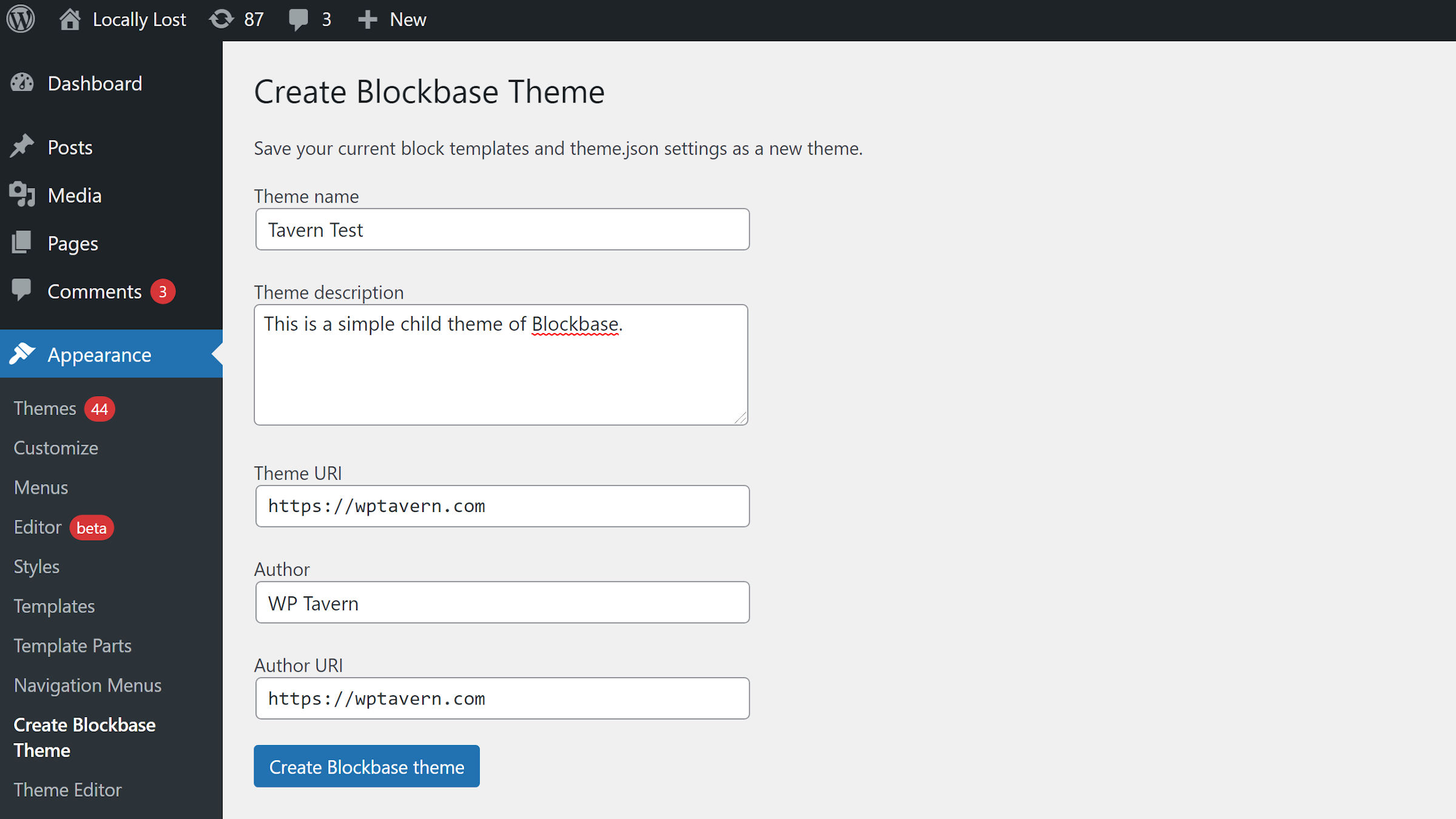 Plugin settings screen with theme info fields for generating a Blockbase child theme.