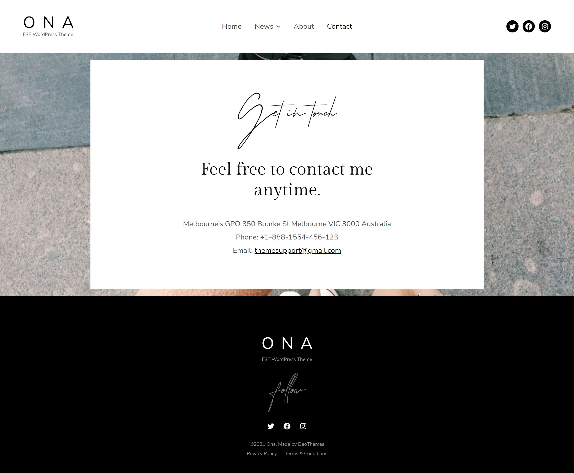 Contact page template from the Ona WordPress theme that features an address, phone number, and email.