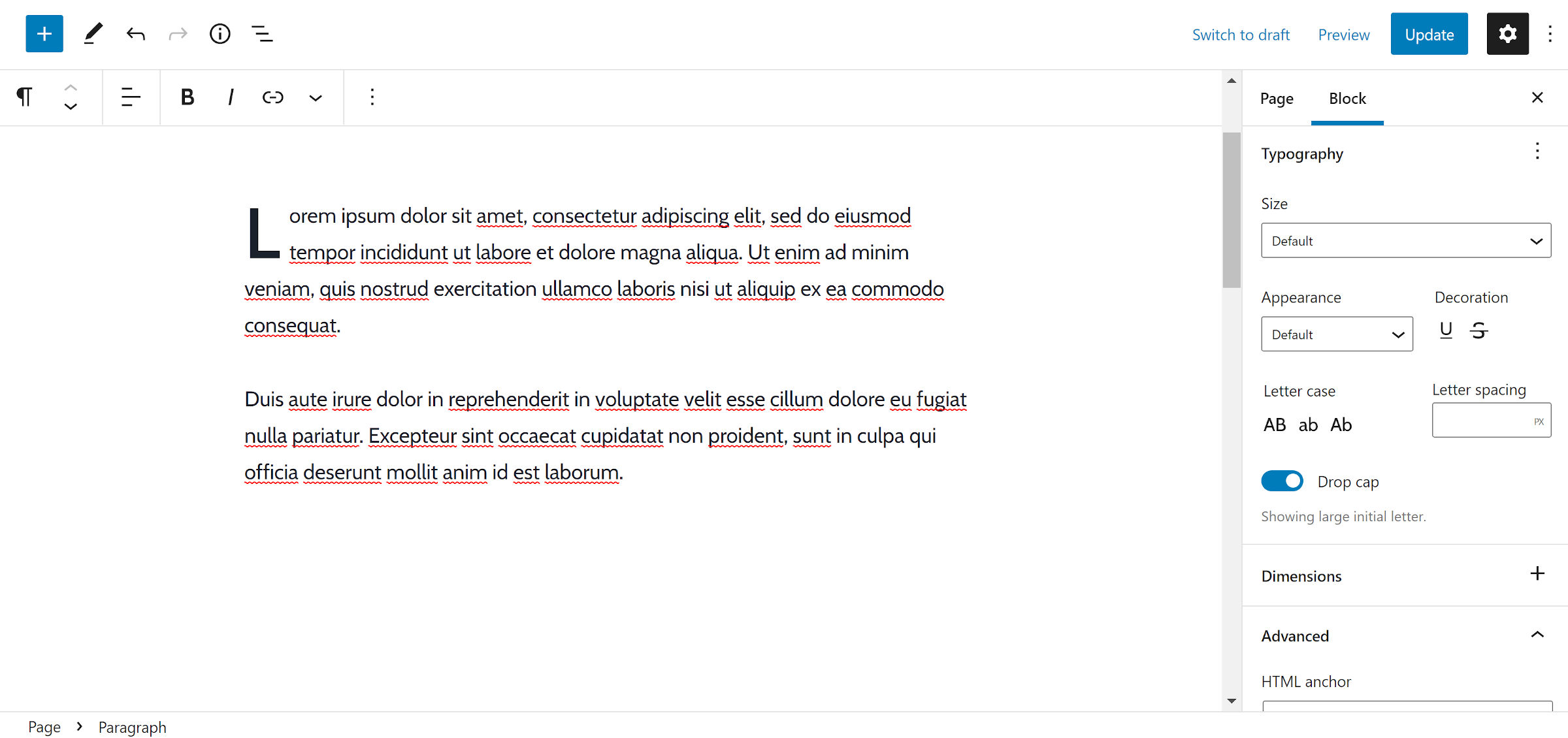 Paragraph highlighted in the WordPress editor. The typography panel now includes the drop cap option at the bottom.
