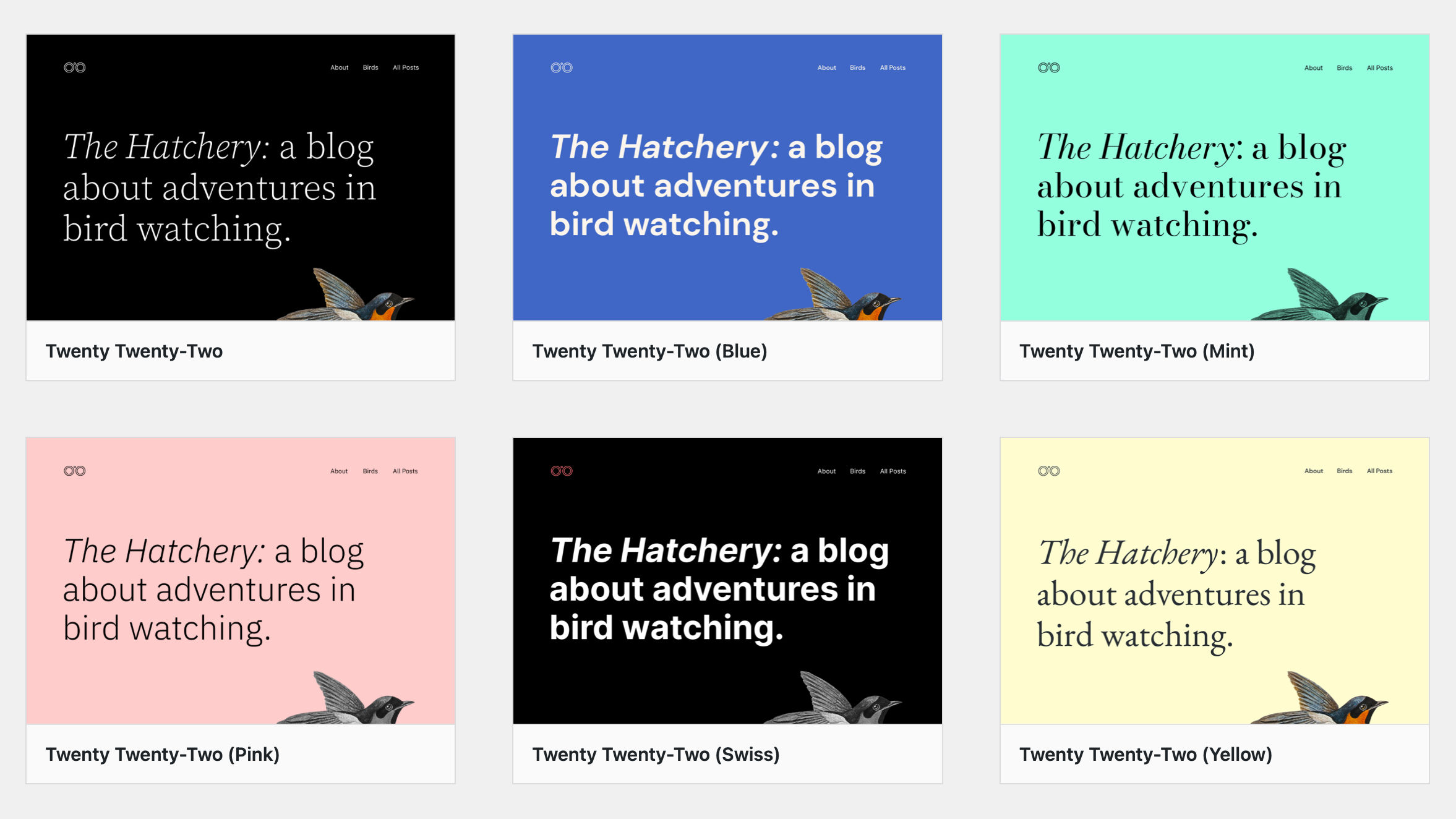 A group of six screenshots of the Twenty Twenty-Two WordPress theme with different colors and font combinations.