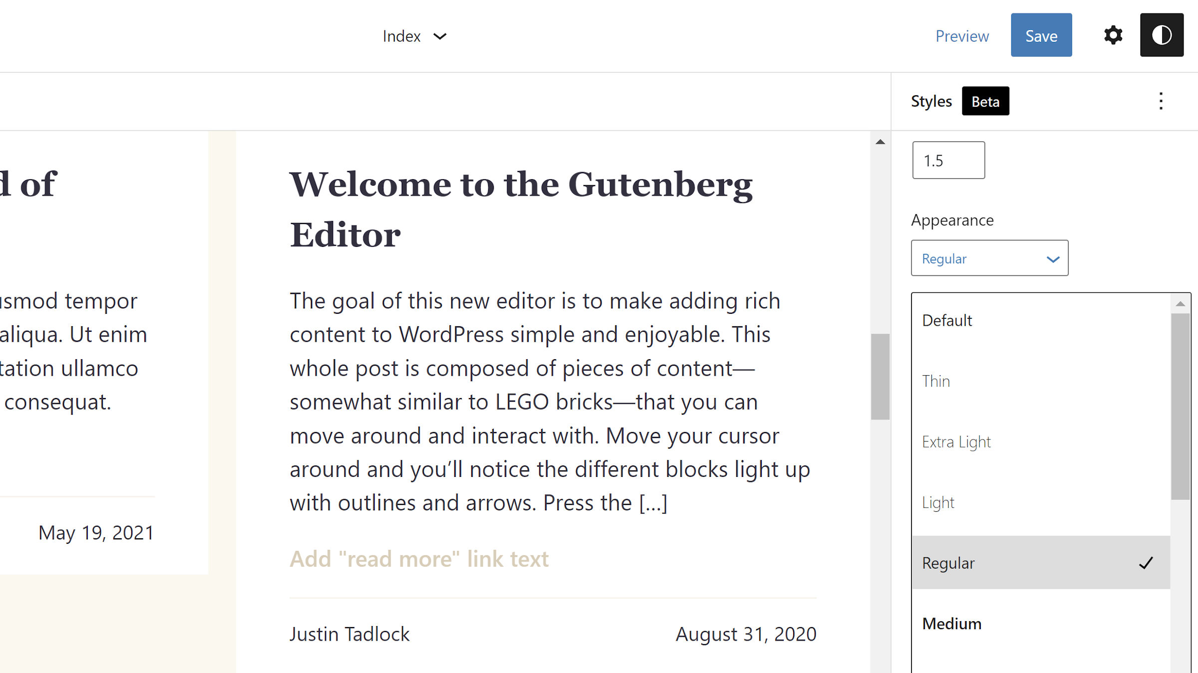 Pannello Tipografia di testo nell'editor del sito WordPress con il menu a discesa Aspetto selezionato.