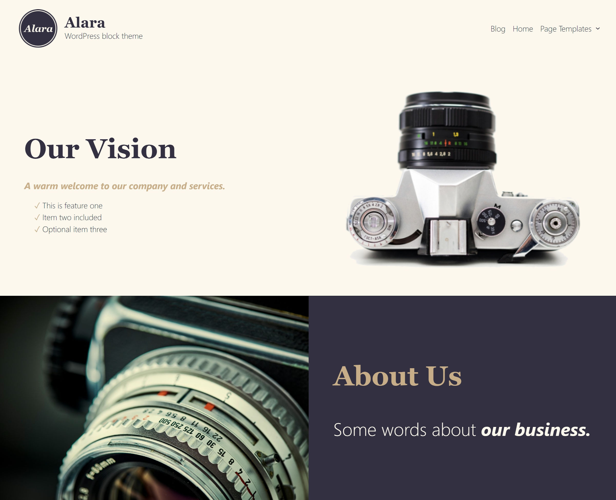 Homepage of the Alara WordPress theme.  It has a full-width header, a intro section with a camera, and an about-us section.