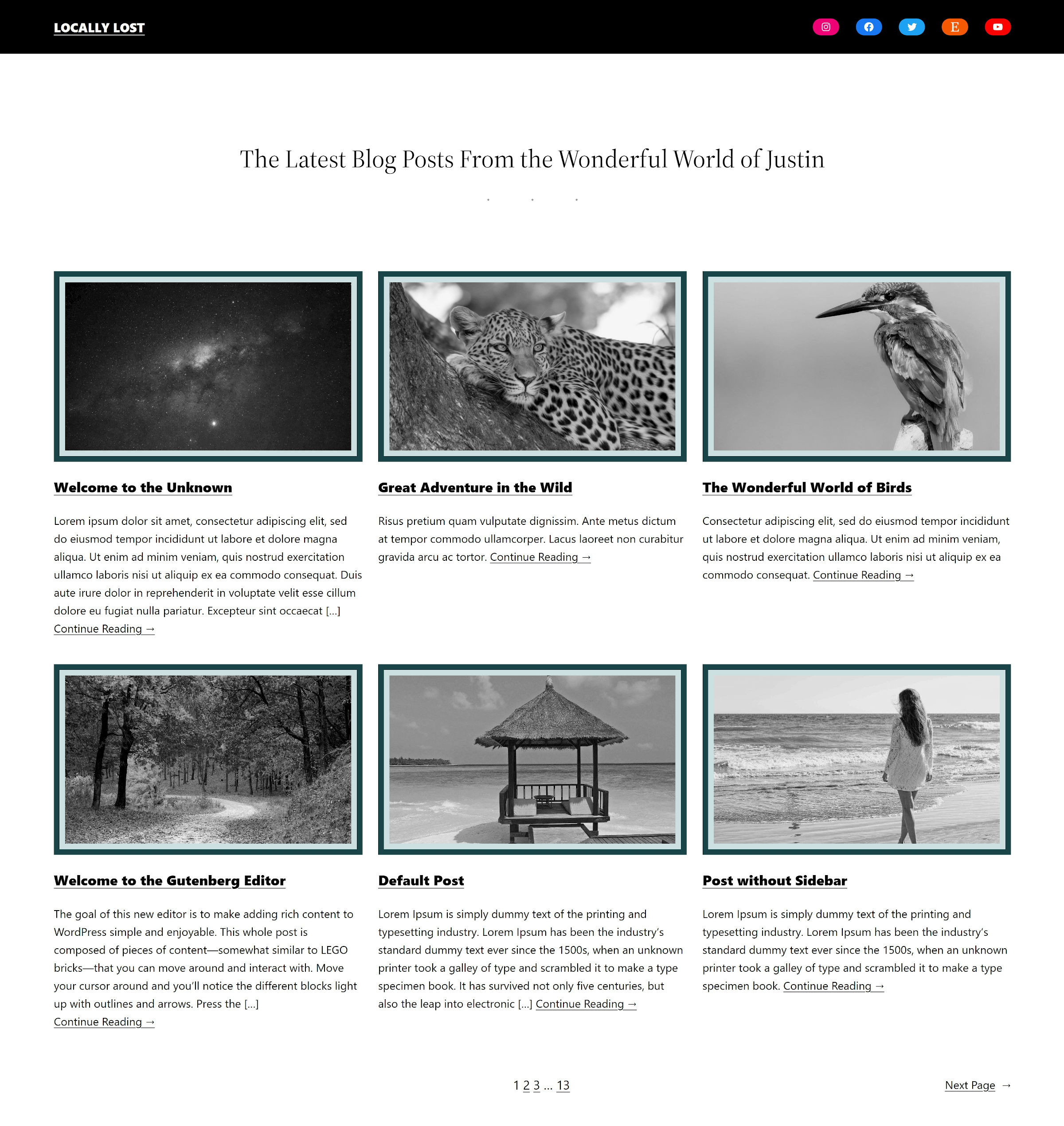 Homepage of a website with a short header, followed by a three-column grid of blog posts.
