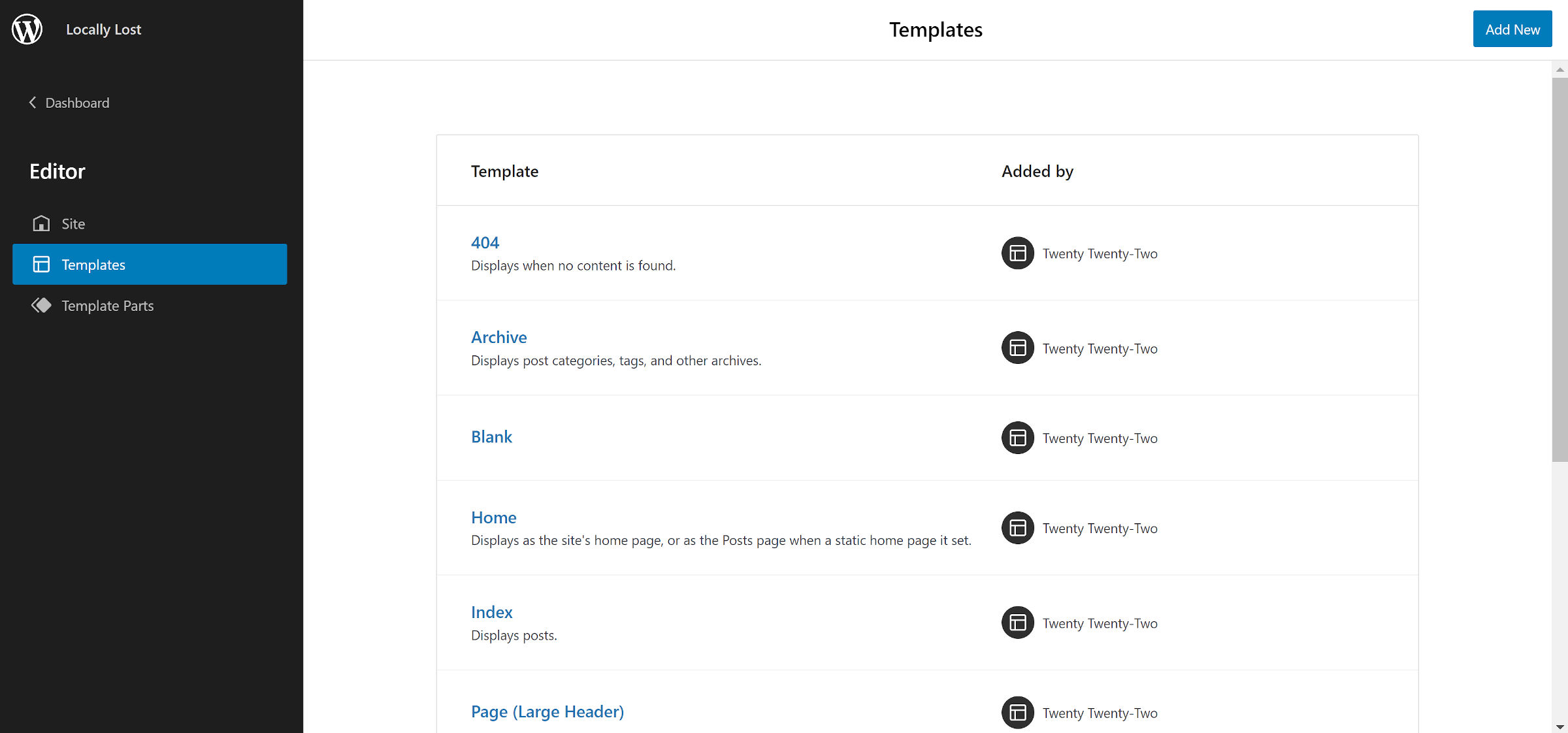 Site editor loaded with the Templates view pulled up in the WordPress admin.