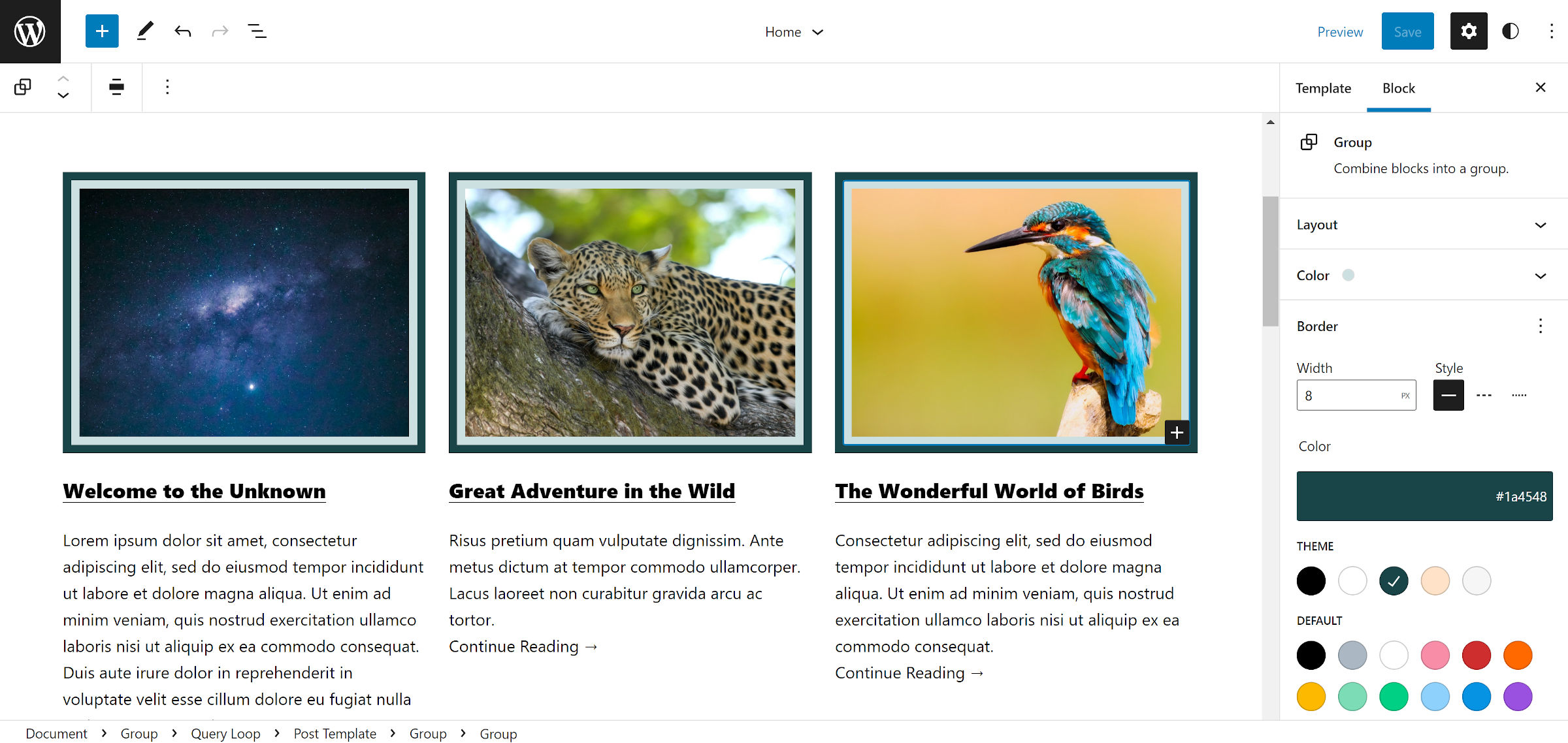 Customizing a Group block's colors and borders in the WordPress site editor that is wrapped around the featured image.