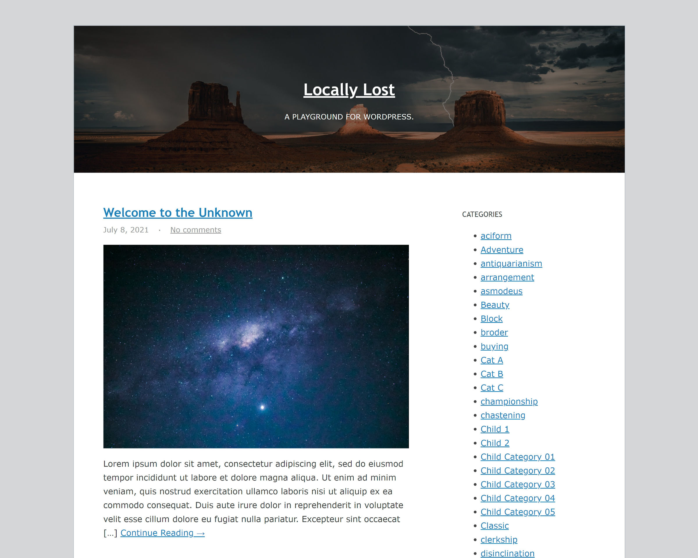 Blogging theme with large image header, followed by a two-column design with content on the left and widgets on the right.