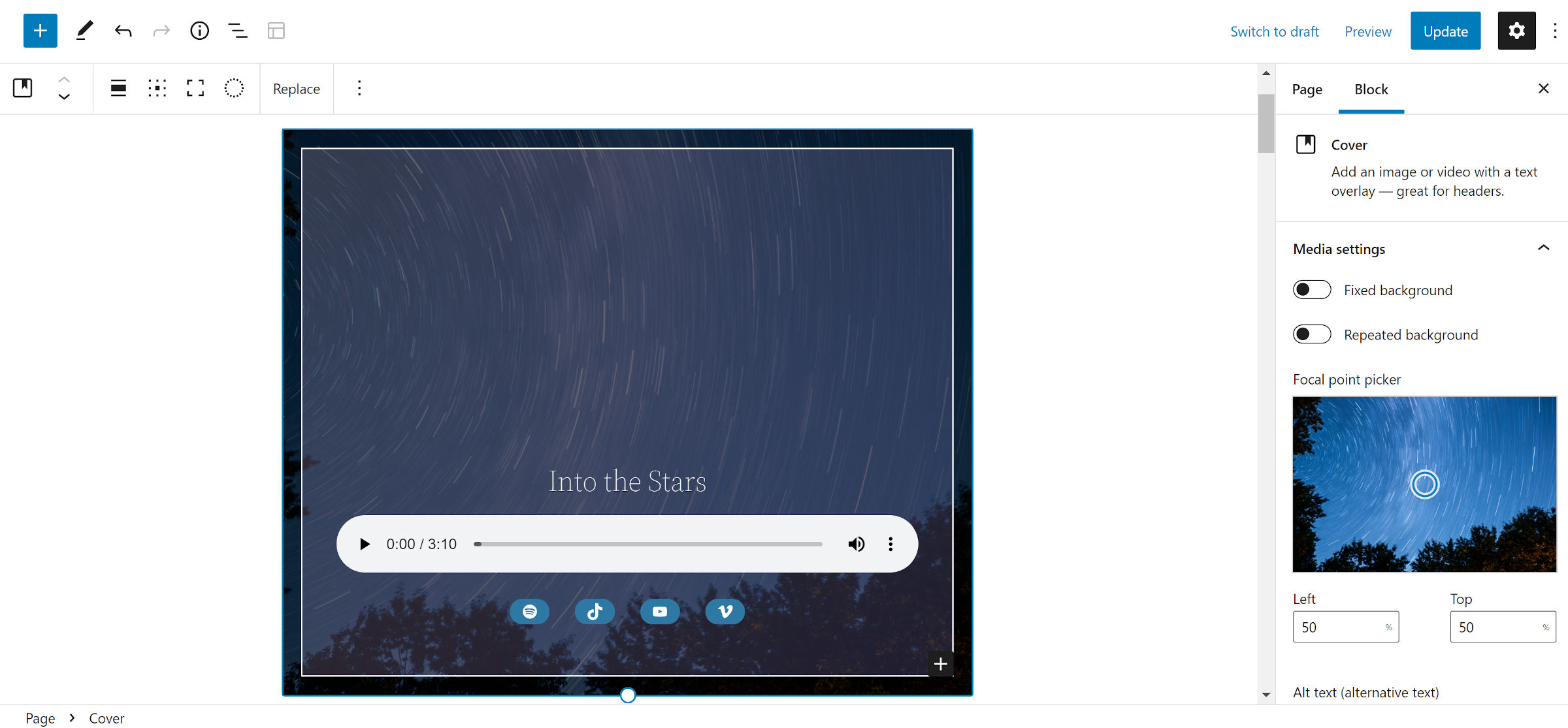 Audio block pattern with a cover background of the night sky.  Social links are below the audio player.