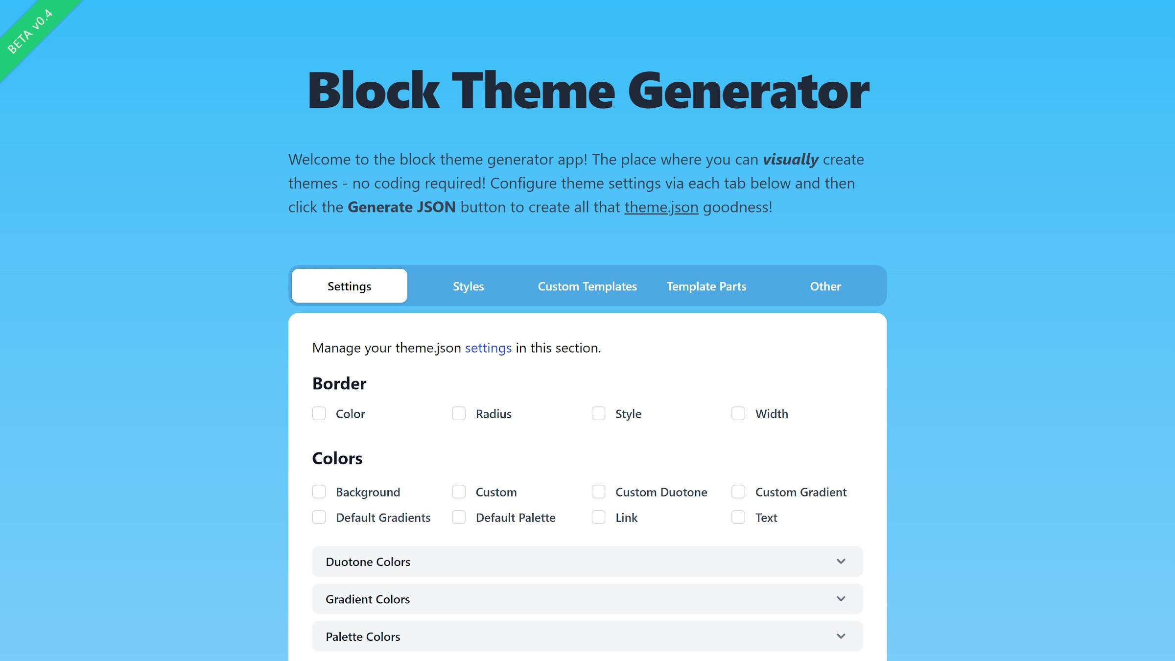 Screenshot of the top of the Block Theme Generator app page.  It displays an intro section and a settings form for generating a theme.json file for block WordPress themes.