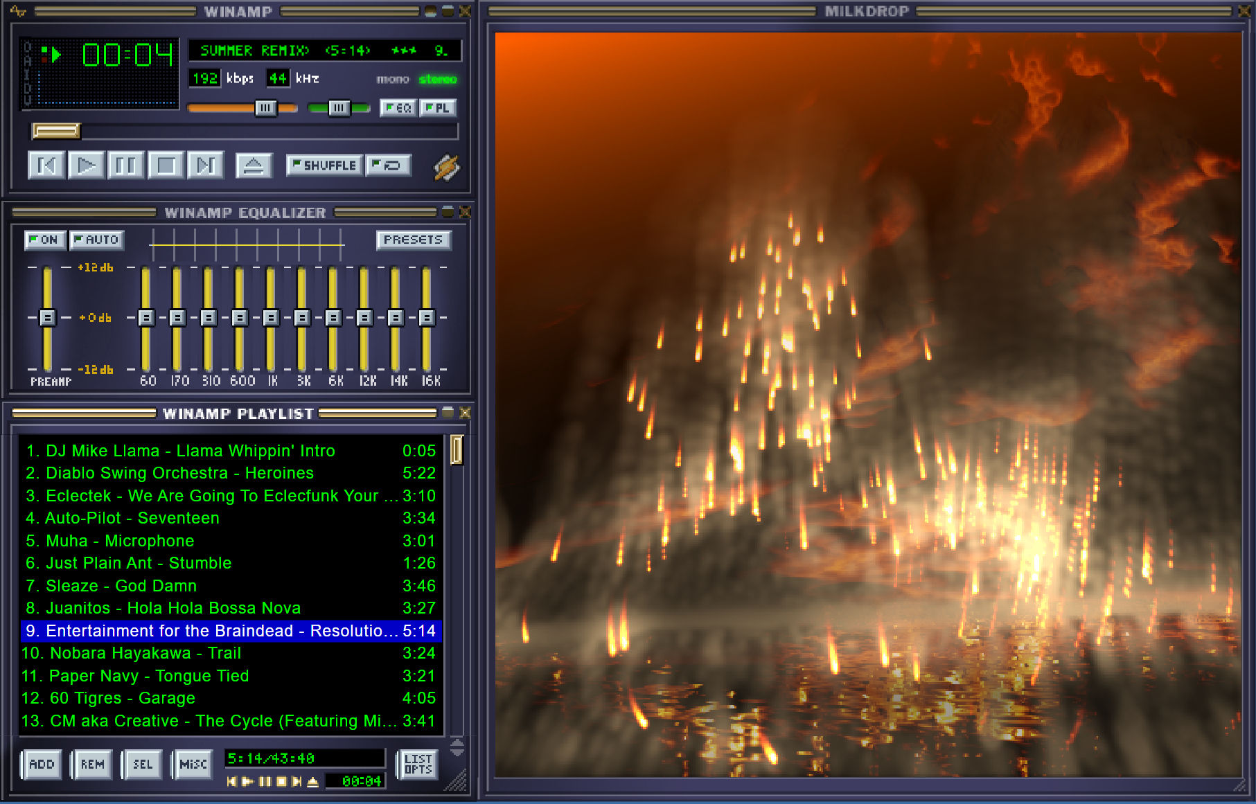 Webamp version of Winamp media player with the Milkdrop visualizer add-on next to it.