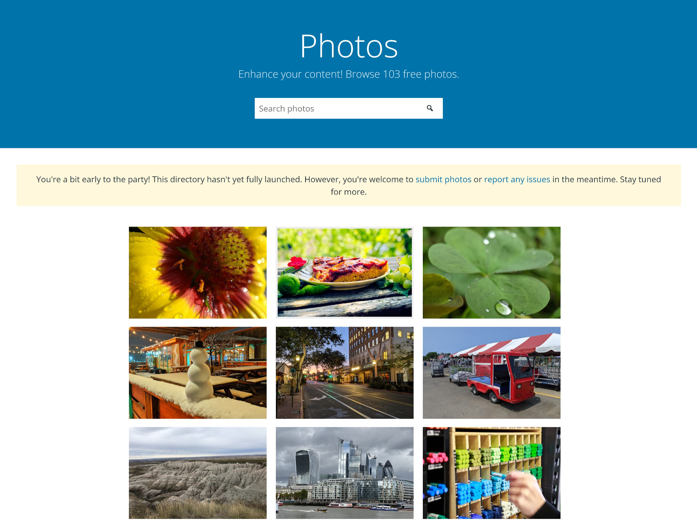 Screenshot of the WordPress Photos directory's homepage, which has a search bar and a three-column grid of images.