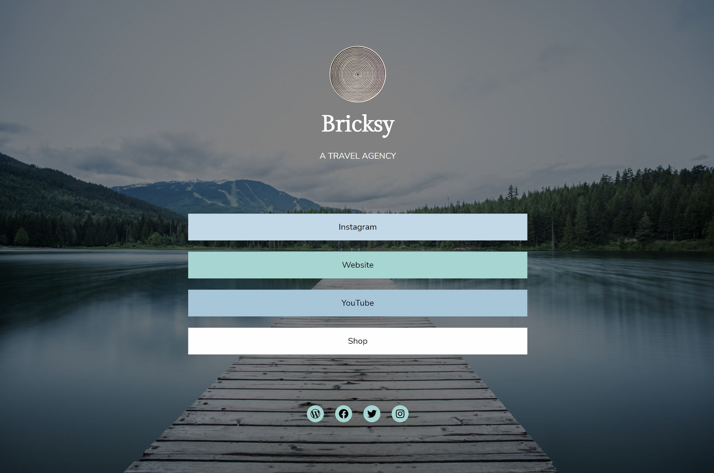 Cover block with a background of a jetty above a lake.  The content contains an image, title, subtitle, link buttons, and a menu of social links.