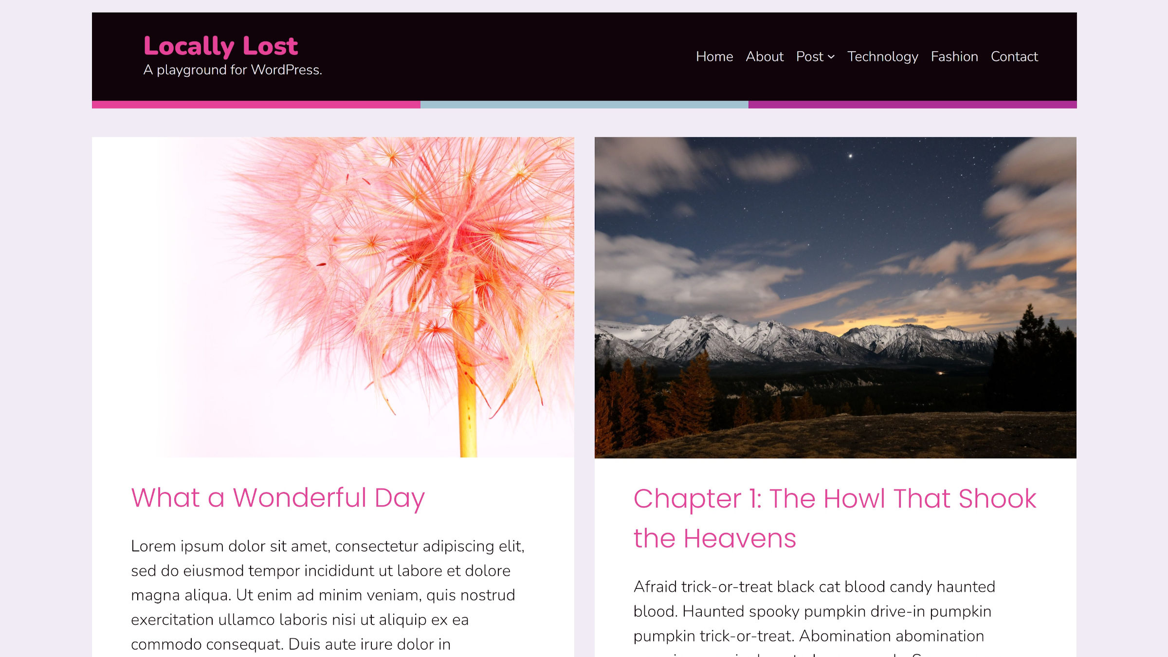 Blog posts page as shown via the Alara theme.  It has a black header with blue, pink, and purple dashes across the bottom border.  Following that is a two-column grid of posts with their featured images.
