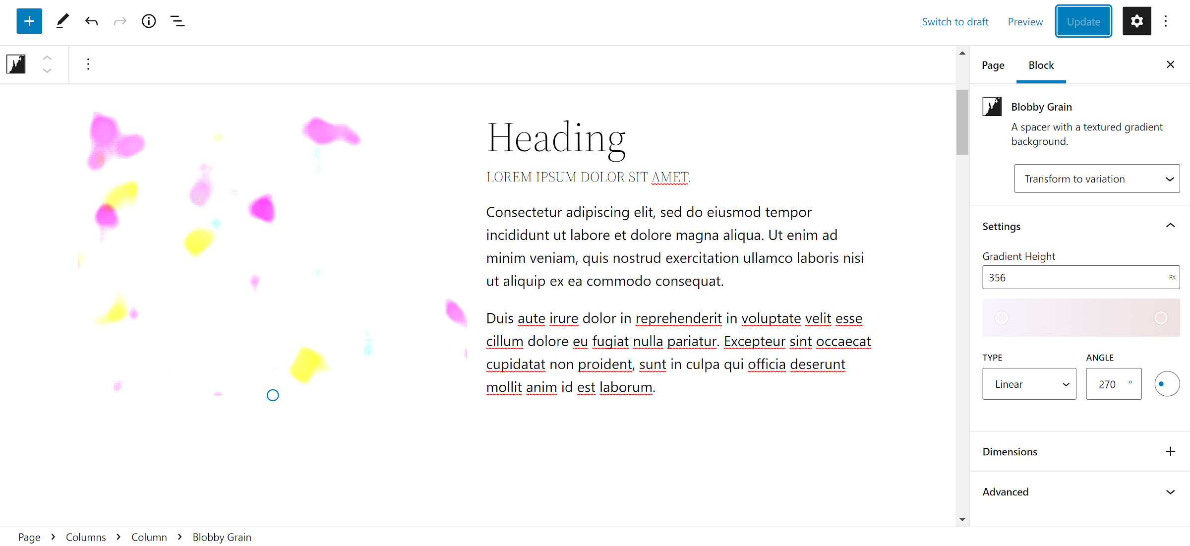 Blobby splotches of color in the left column.  In the right column, a heading, sub-heading, and demo text.
